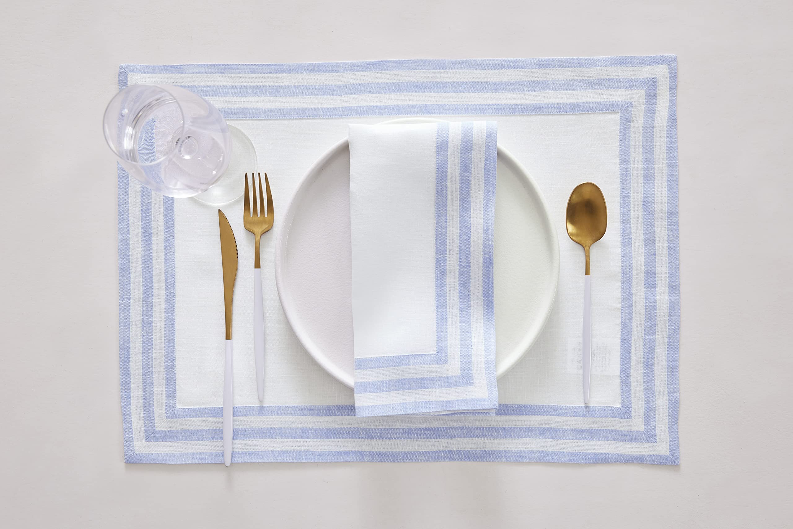 Solino Home Linen Placemats Set Of 4-100% Pure Linen Cloth Fabric Placemats Sky Blue - 19'' L X 14'' W Inch Washable Dining Plac