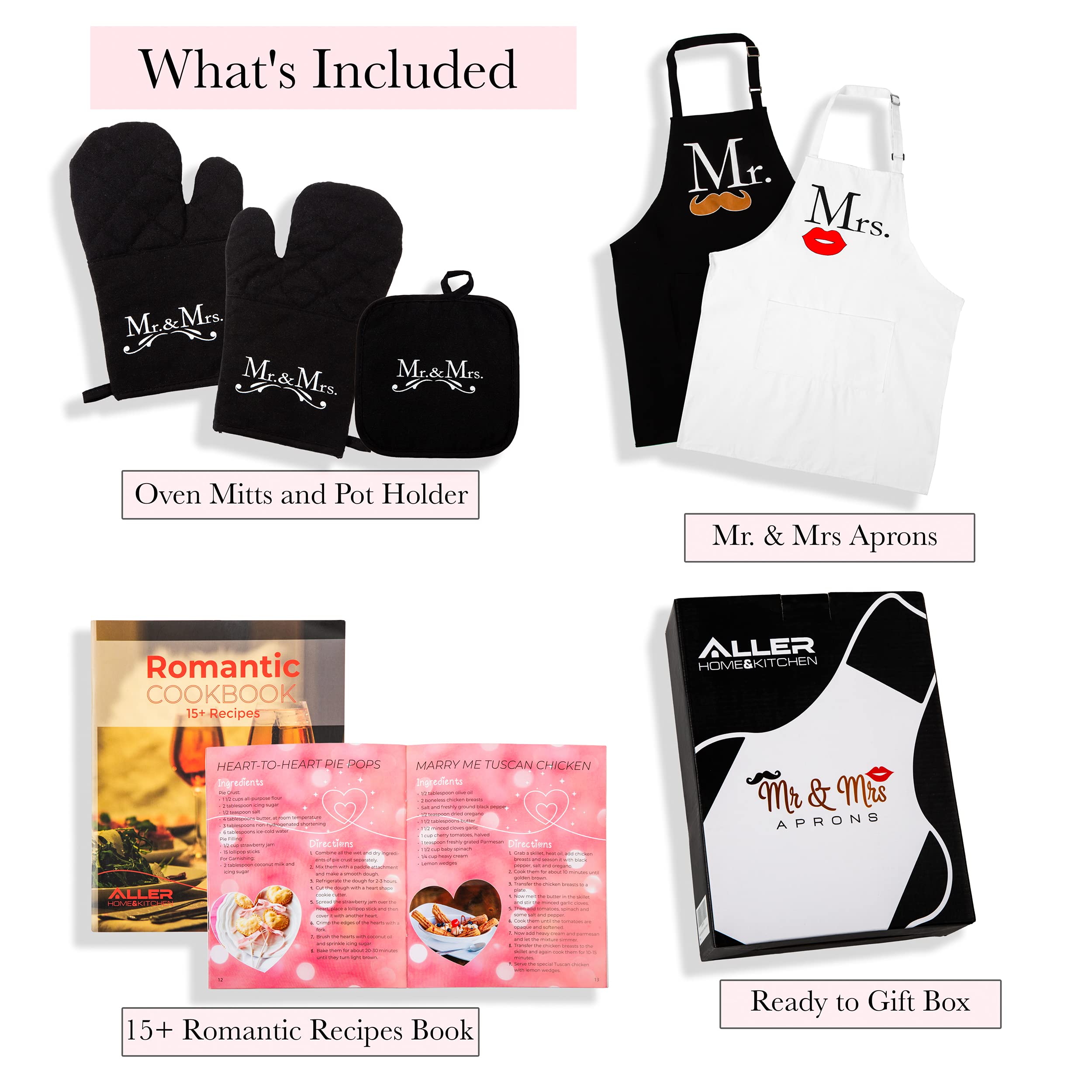 Mr And Mrs Aprons Kitchen Bundle - Includes Adjustable His And Her Aprons, Date Night Cookbook, 2 Oven Mitts & 1 Pot Holder - Pe