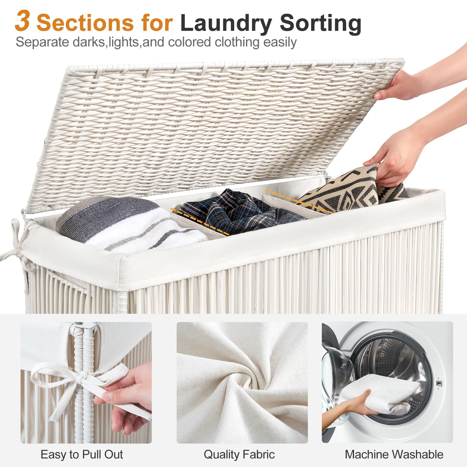 Wowlive Laundry Hamper With Wheels, 160L Handwoven Rolling Laundry Basket 3 Section With Lid, Clothes Hamper With 3 Removable Li