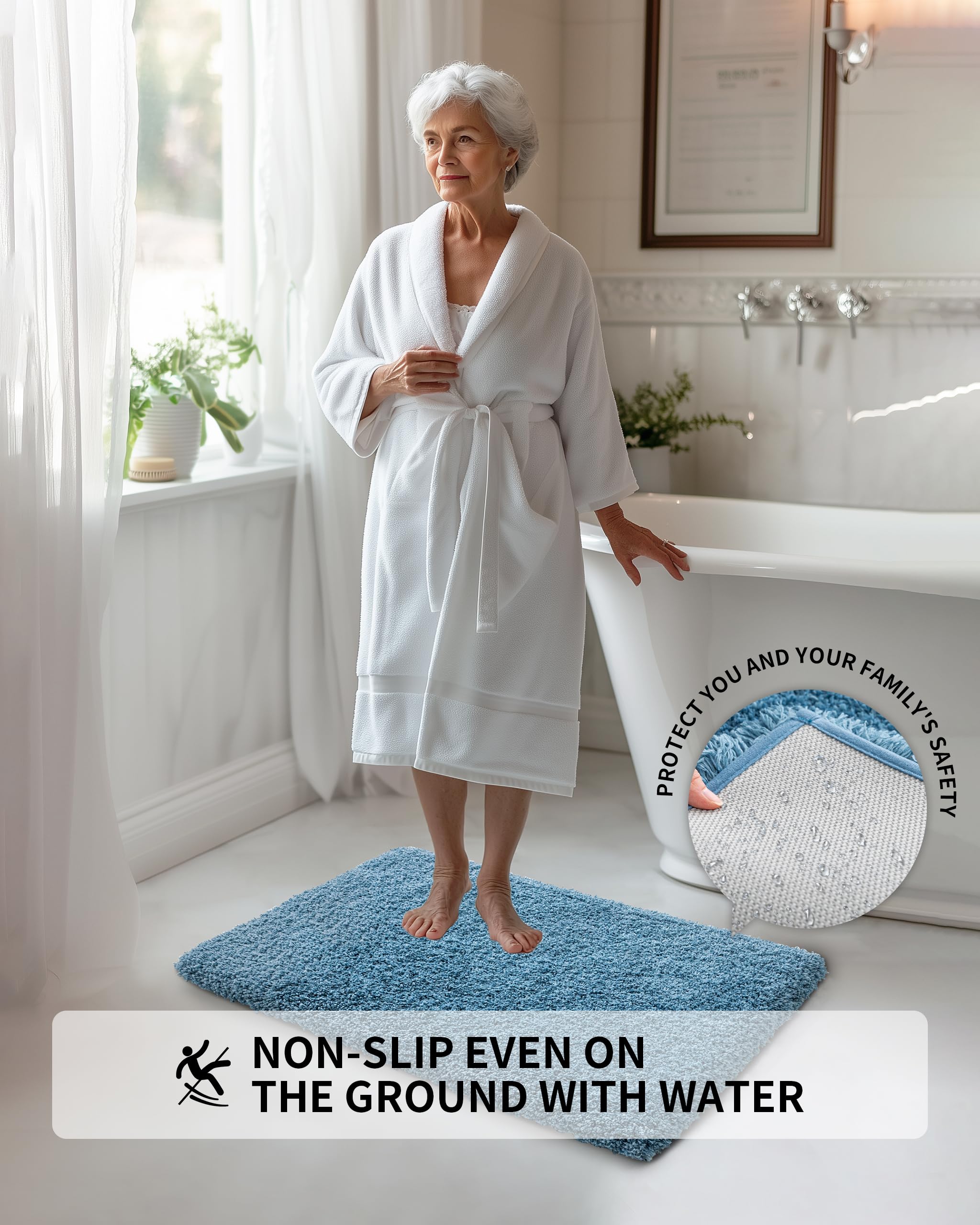 Ilango Blue Bathroom Rugs Mats Super Absorbent, Washable Bath Mat Non Slip For Floor, Thick Plush Shaggy Bath Rug With Rubber Bo