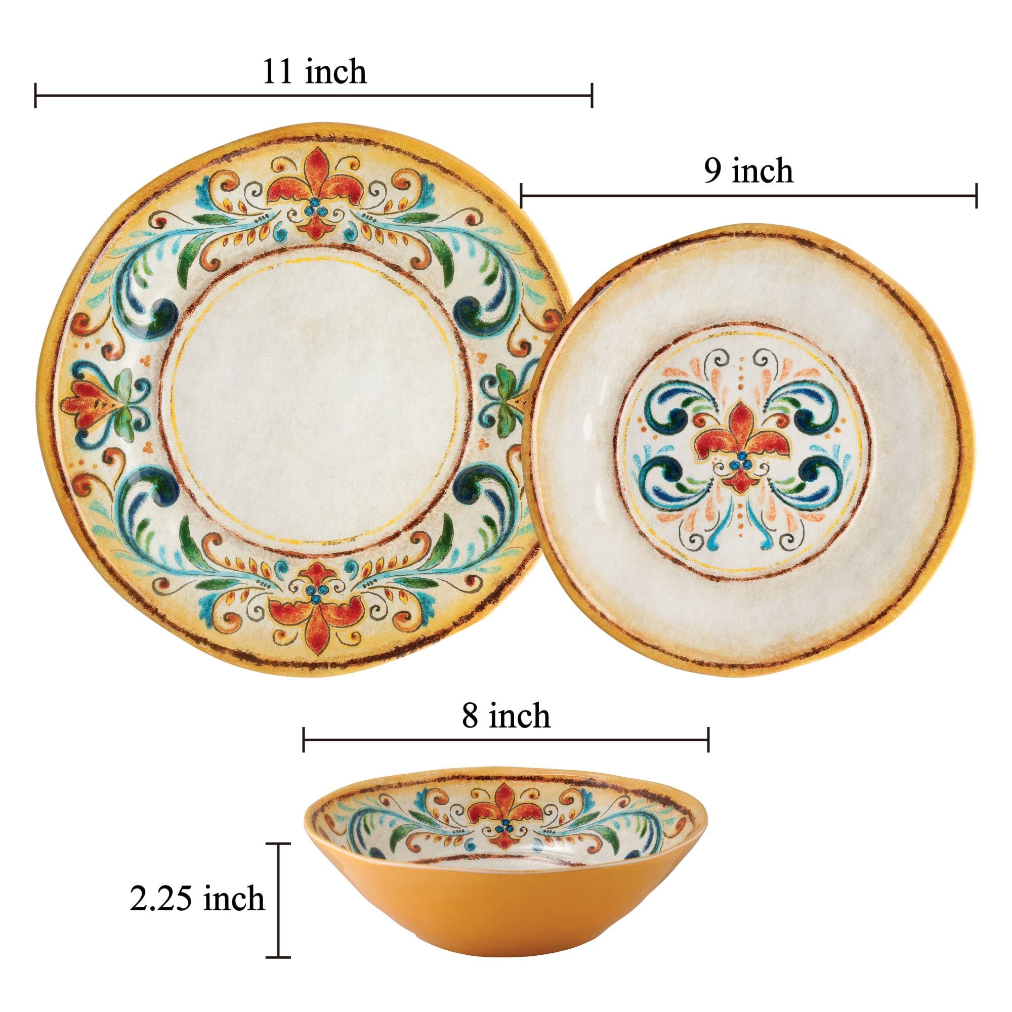 Supreme Housewares 12-Piece Melamine Dinnerware Set, Includes Dinner Plates, Salad Plates, Bowls, Service For 4. (Tuscany)
