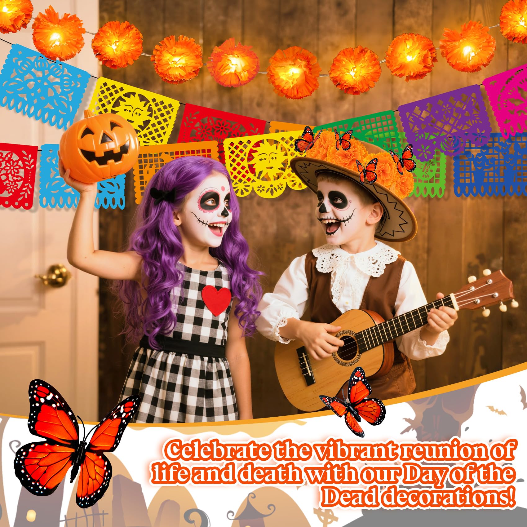 79 Pcs Day of The Dead Decorations Set, 10 Ft 20 LED Marigold Garland, 9 Mexican Banner, 50 Marigold Flowers with Stem, 7 Paper