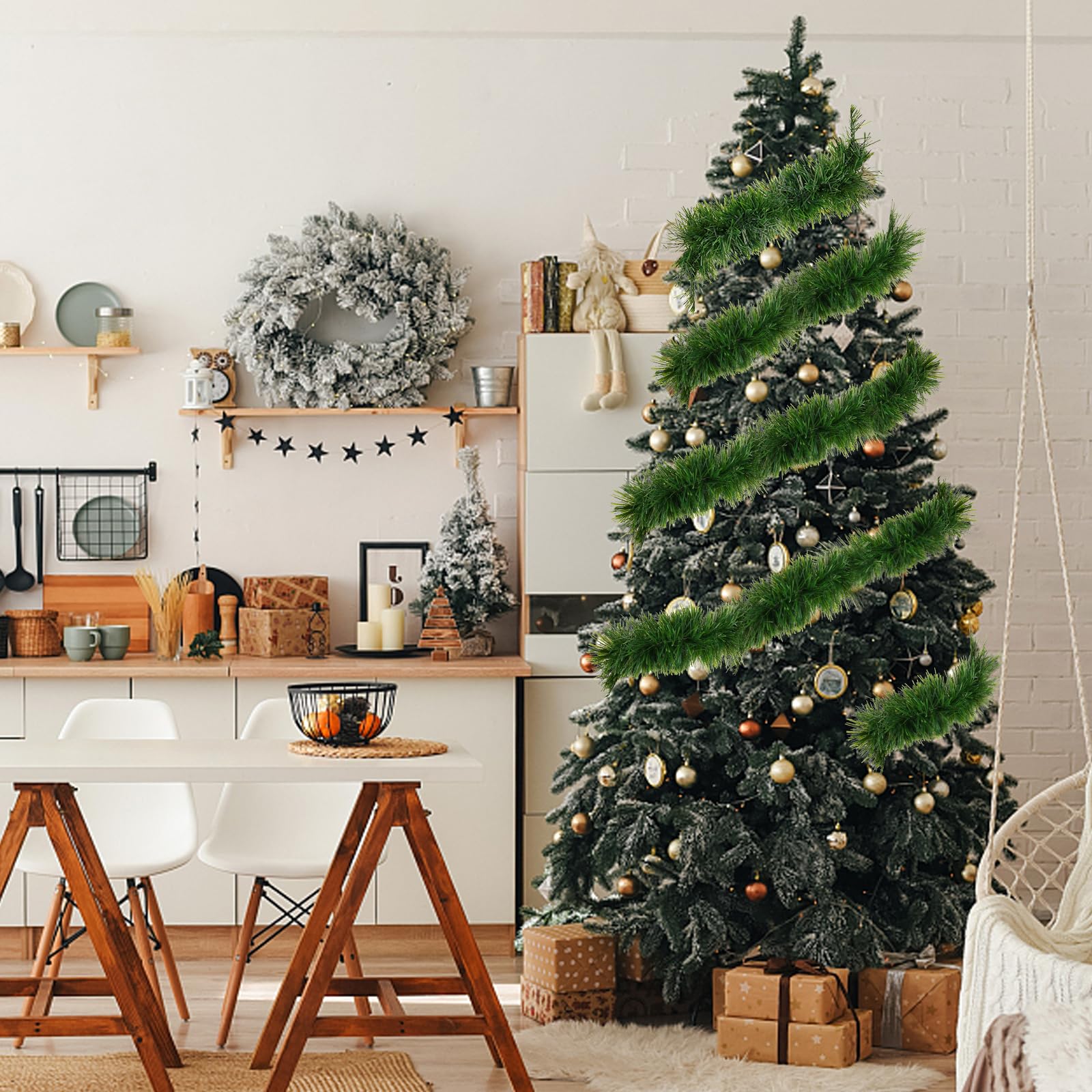 Green Garland Christmas Decorations,50Ft Xams Greenery Tinsel Stems Non-Lit Soft Twist Garland Decor for Tree Stairs Railing Fro