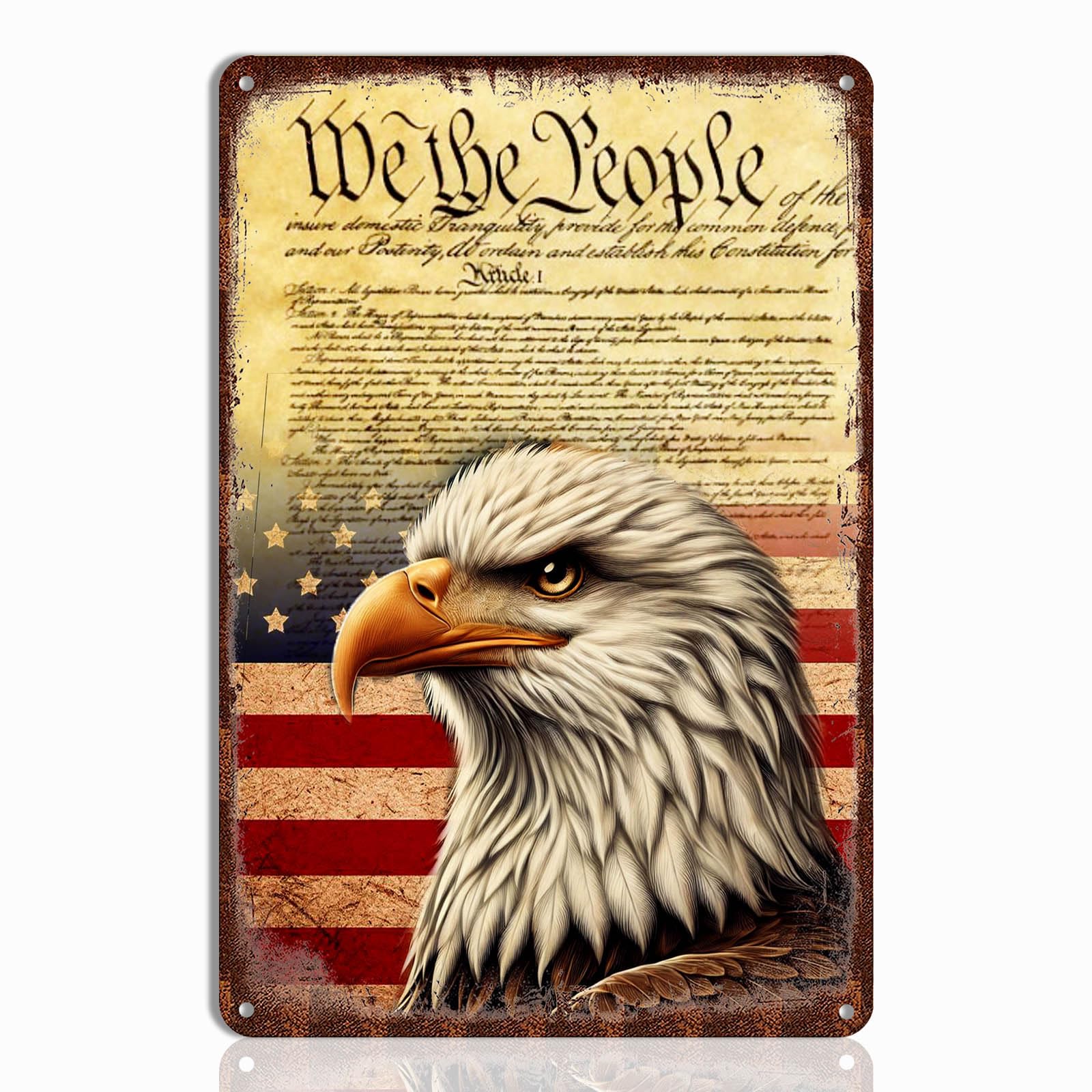 Patriotic Eagle Tin Sign - We the People Declaration of Independence Metal Wall Art, American Flag Decor for Veteran Tribute, Ga