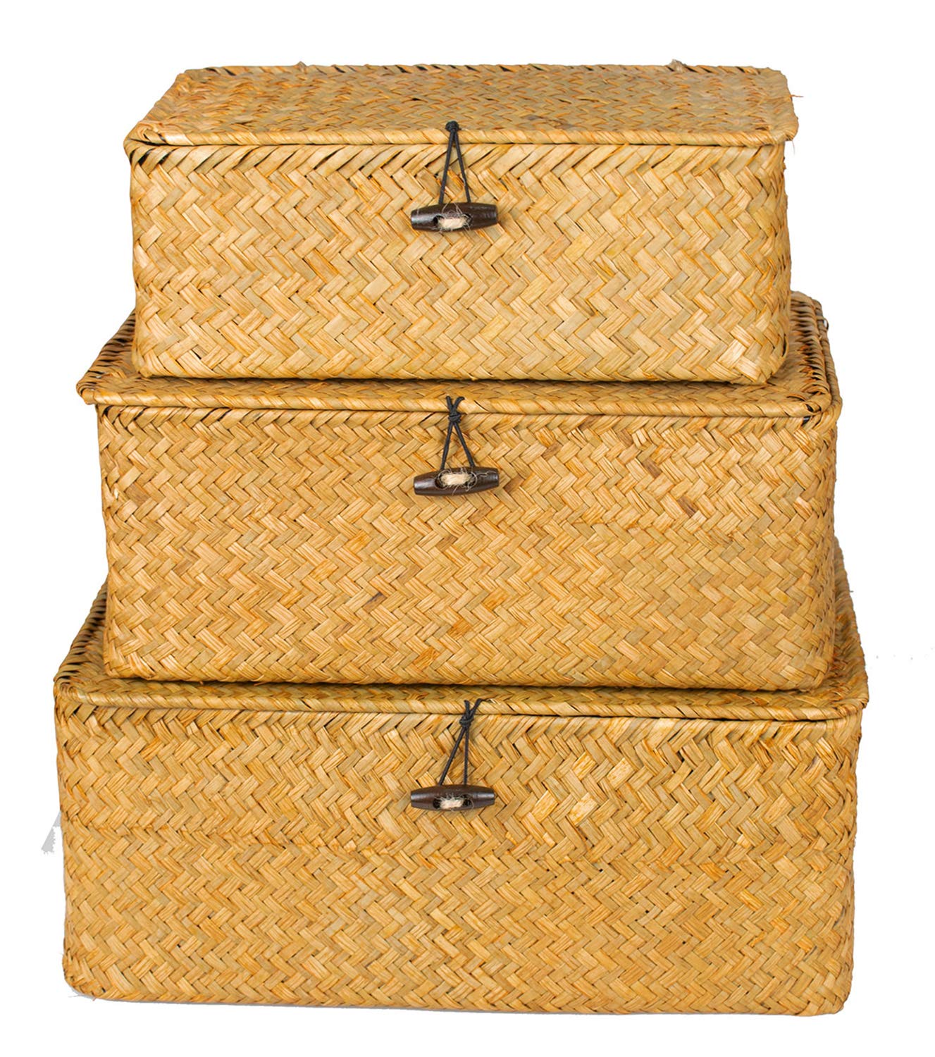 Yesland Shelf Baskets With Lid Set Of 3, Handwoven Seagrass Storage Bins Box Rectangular Seagrass Basket Storage Organizer Wicke