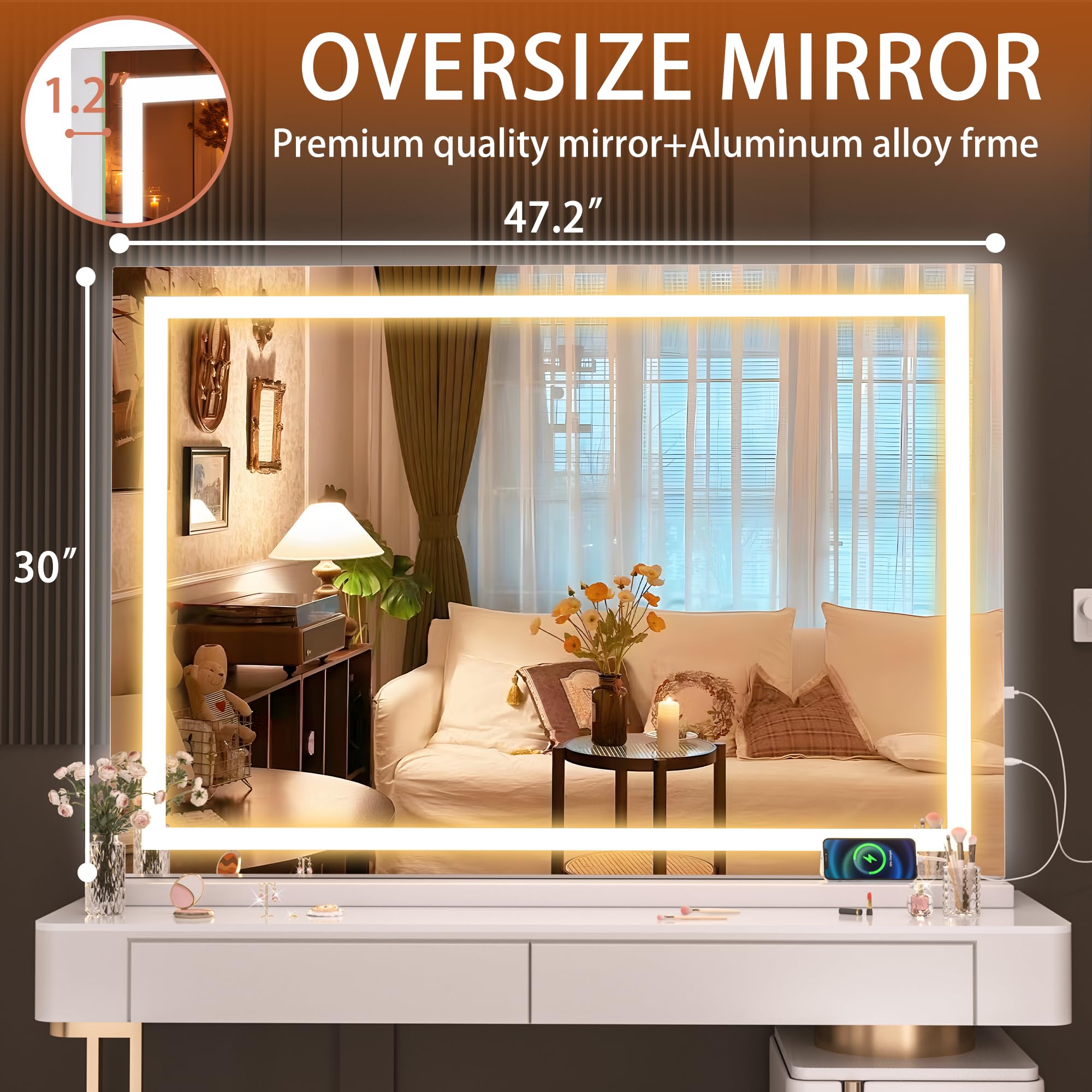 Hasipu Vanity Mirror With Lights, 47'' X 30'' Led Makeup Mirror, Lighted Makeup Mirror With Dimmable 3 Modes, Touch Screen Contr
