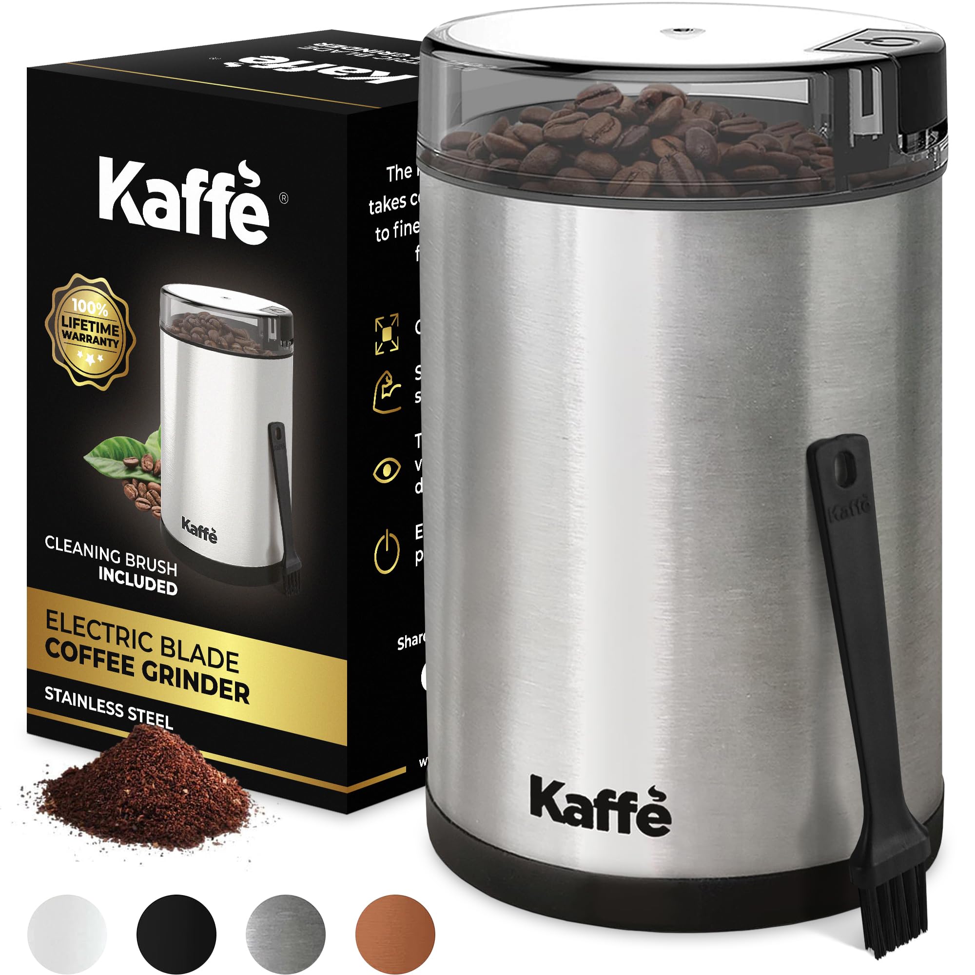 Kaffe One-Touch Coffee Grinder Electric W/Cleaning Brush (3 Oz) - Stainless Steel - Coffee Grinders For Home Use - Up To 12 Cups