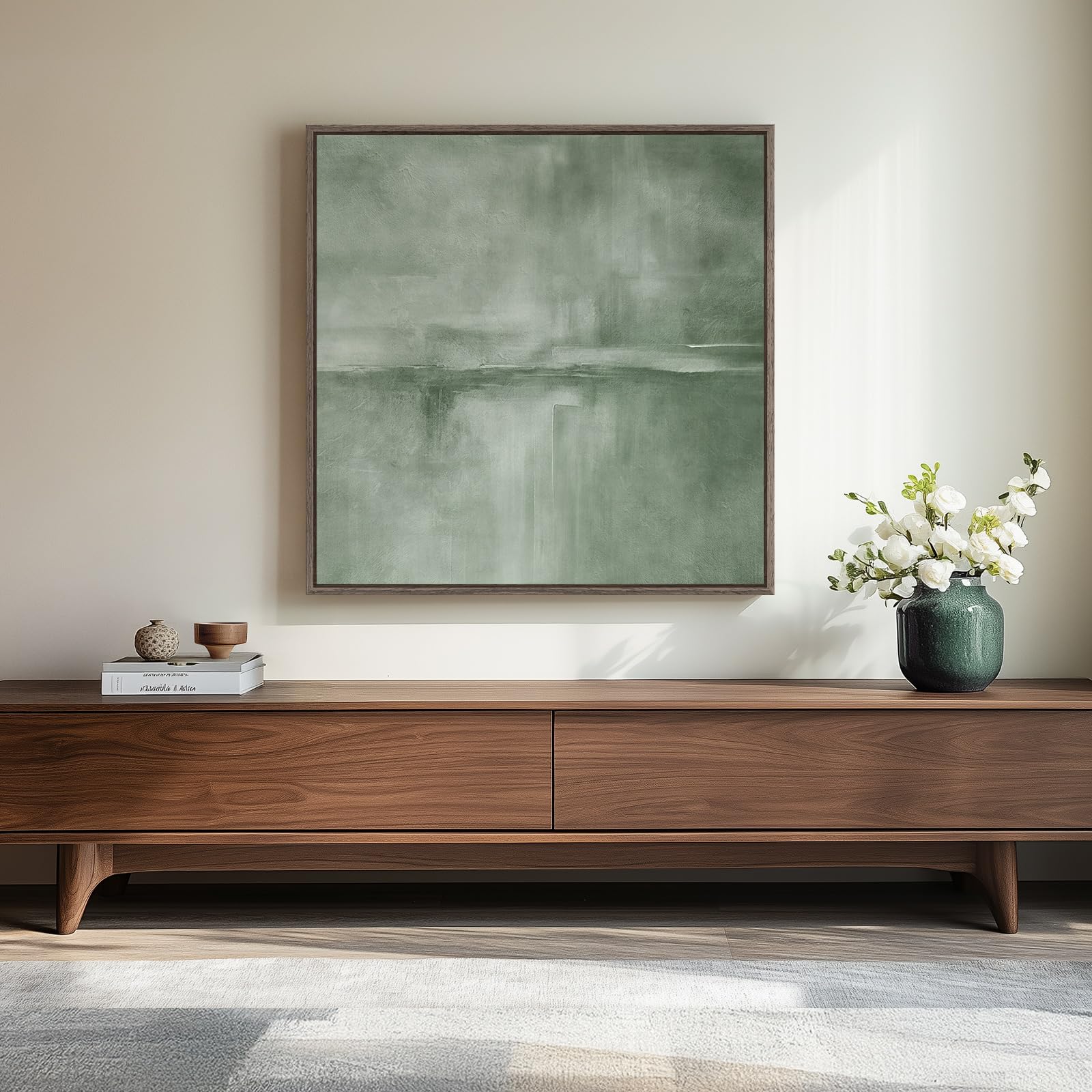 Framed Sage Green Abstract Wall Art, Modern Canvas Prints Artwork For Walls, Square Minimalist All Green Abstract Pictures For L