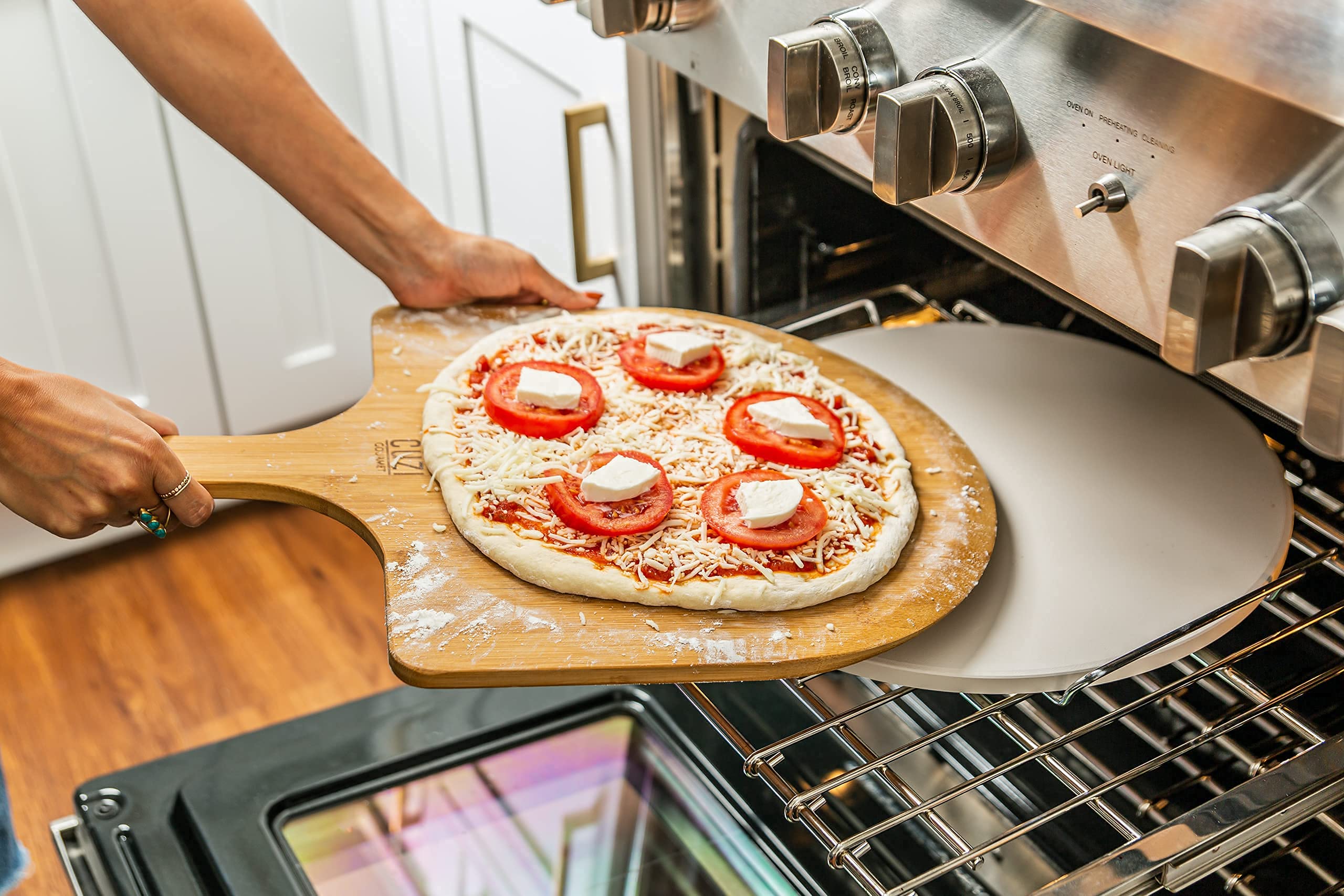 Cuzi Gourmet Xl 4-Piece Pizza Stone Set - 15'' Thermal Shock Resistant Cordierite Pizza Baking Stone, 22'' Natural Bamboo Pizza