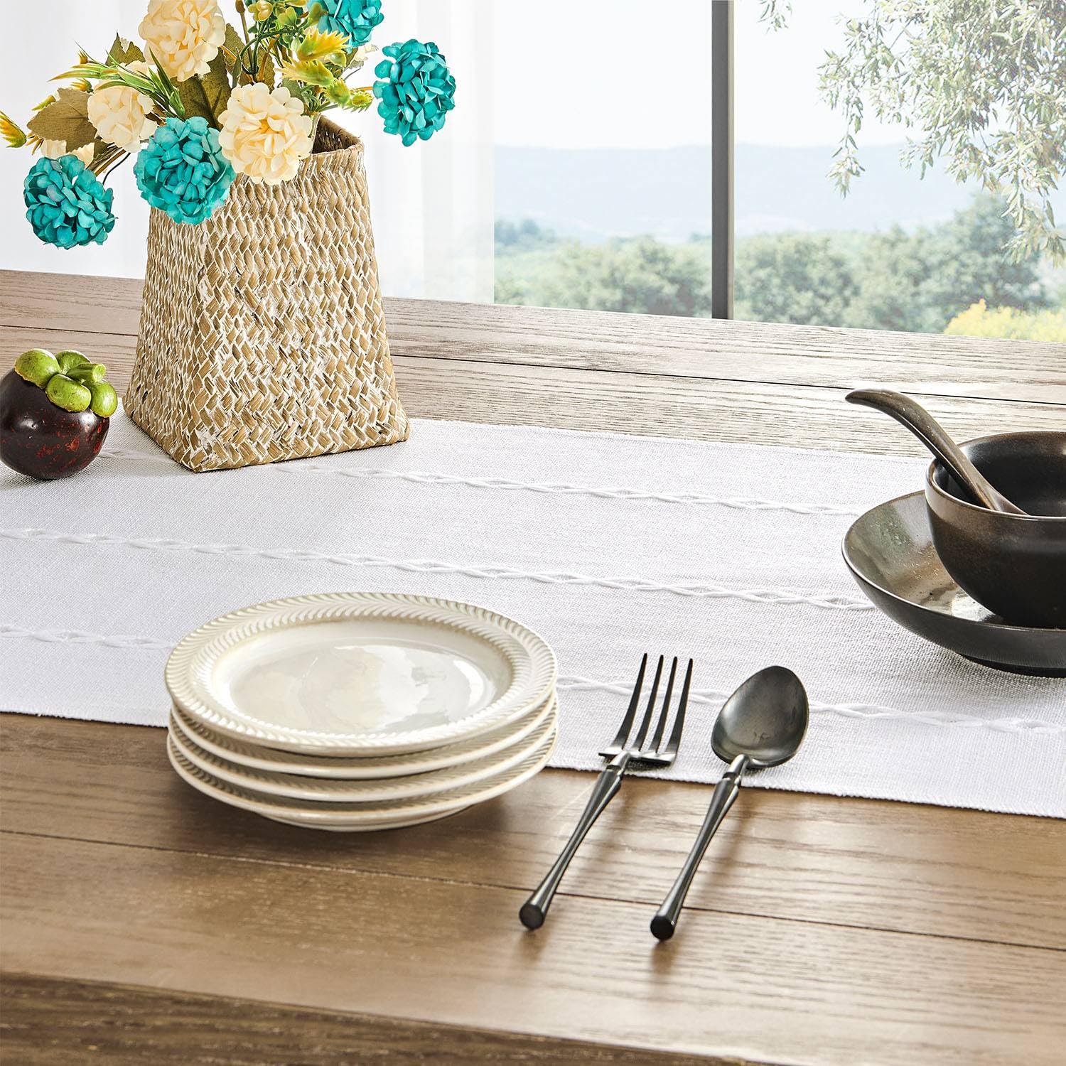 Zeemart Farmhouse Table Runner, Rustic Table Runners 72 Inches Long, Linen Boho Table Runner, Braided Striped White Table Runner