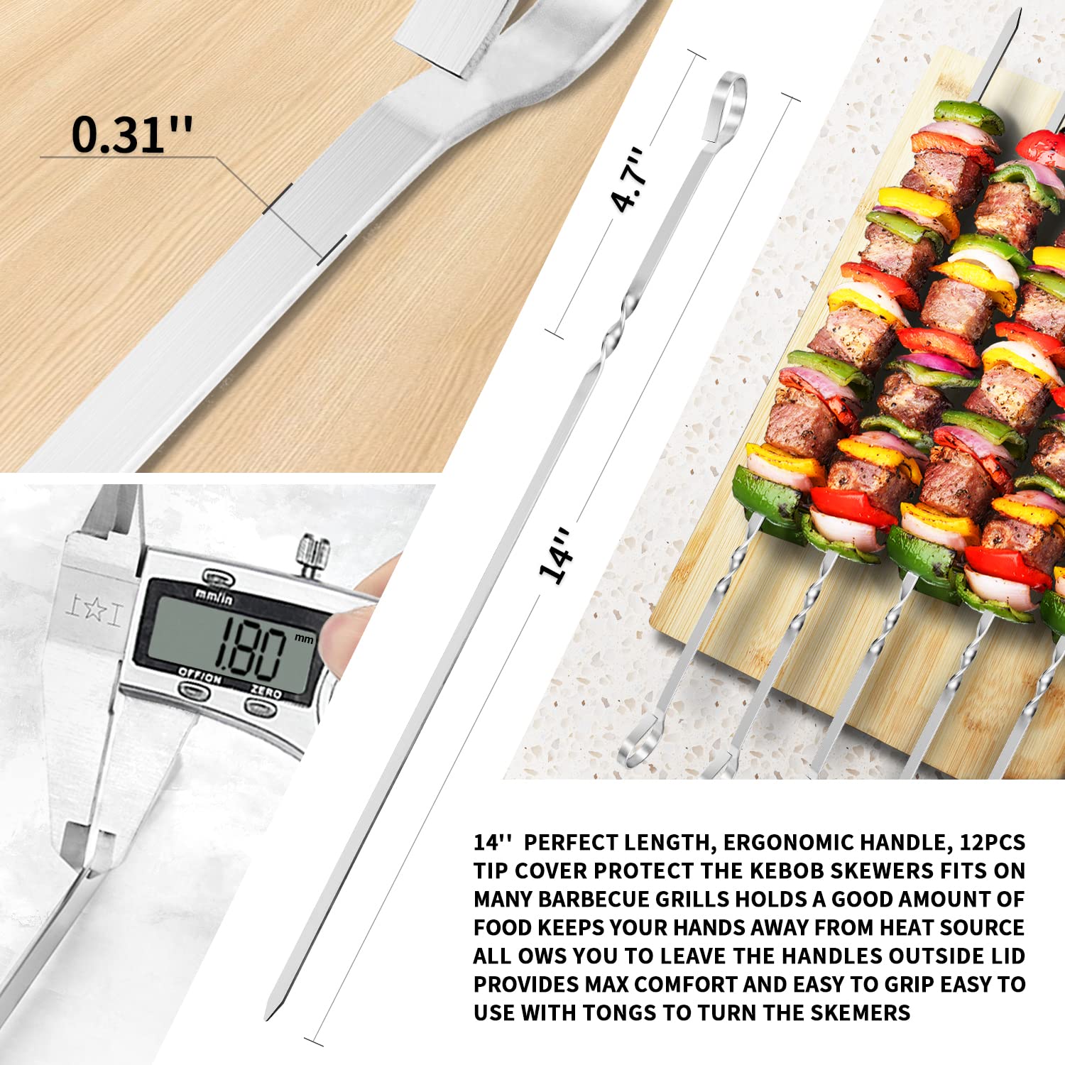 Kabob Skewers 14'' Stainless Steel Long BBQ Barbecue Skewers  Flat Metal Kebob Sticks Wide Reusable Grilling Skewers for Meat Chicken  Set of 12pcs with Storage Bag by JY COOKMENT
