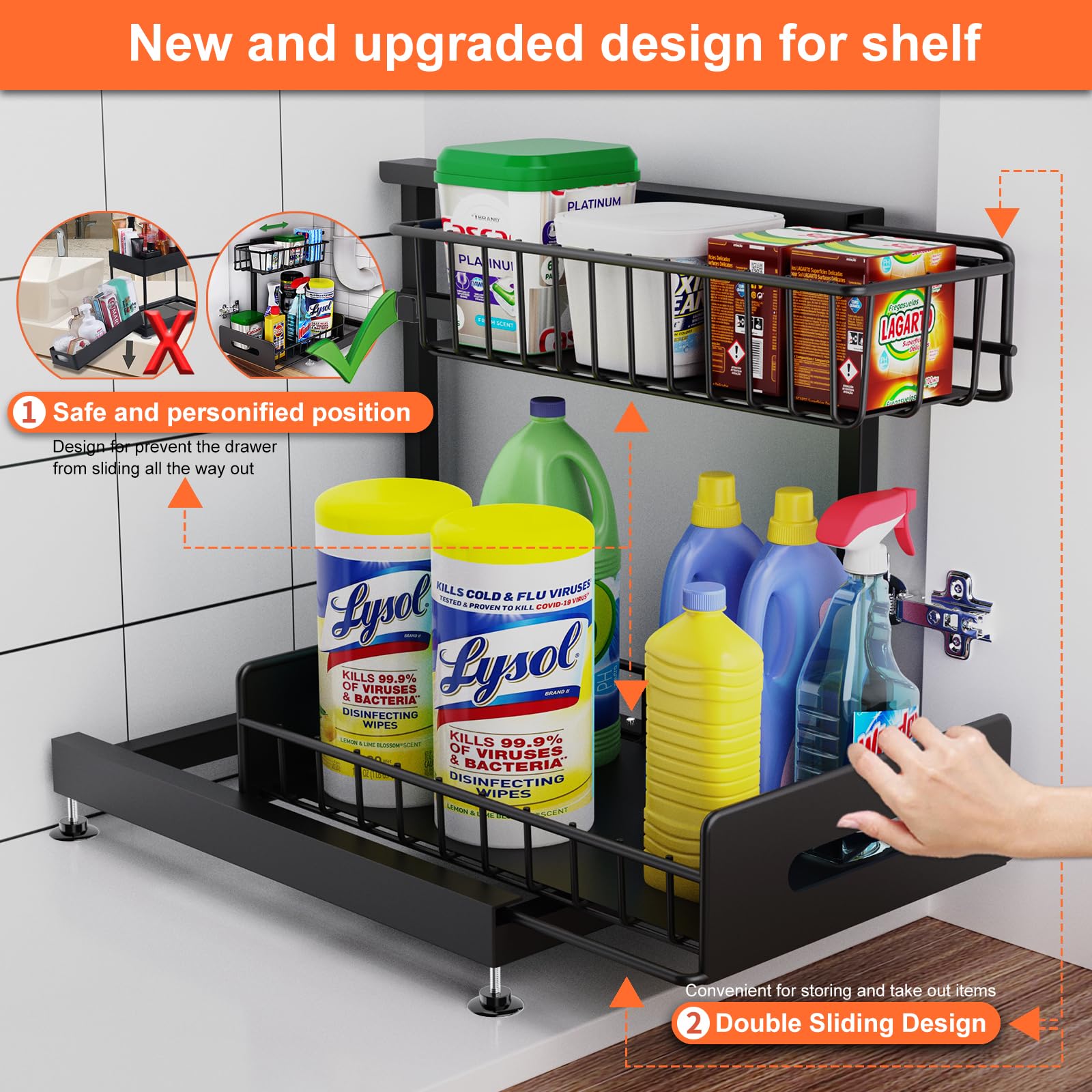 Under Sink Organizer And Storage,Pull Out Cabinet Organizer,2-Tier Slide Out Kitchen Basket Sink Shelf Cabinet Organizers,Adjust