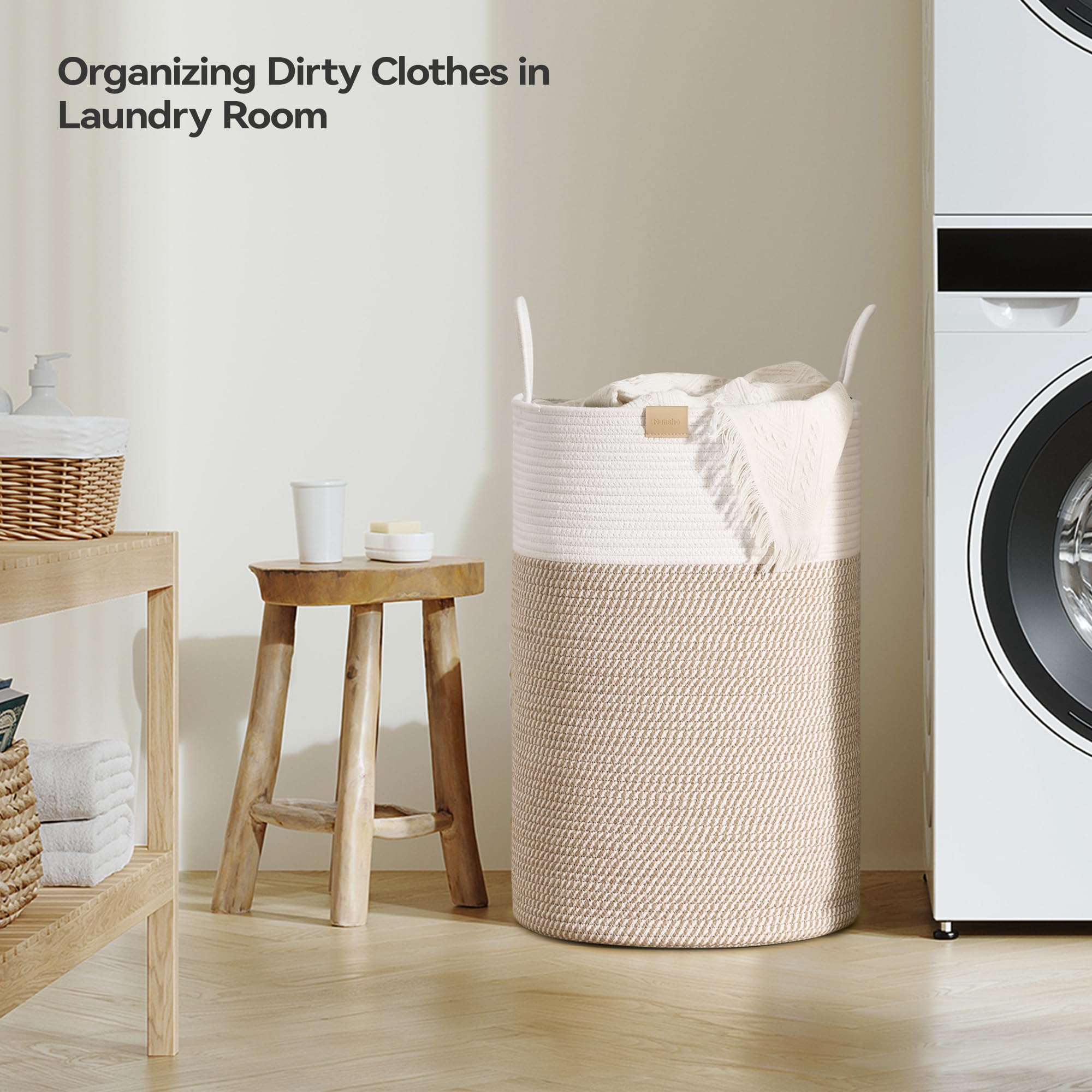 Nunsino 75L Laundry Hamper Basket,Baby Nursery Woven Storage Basket For Toys Bin,Pillows,Blankets,Clothes,Brown&White