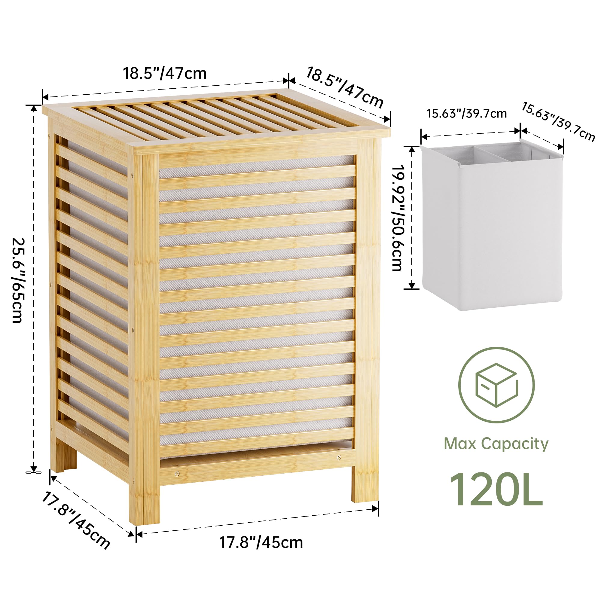 Smibuy Double Laundry Hamper With Lid, 120L Bamboo Laundry Basket With Removable Liner Bag, 2-Section Clothes Divider Laundry So