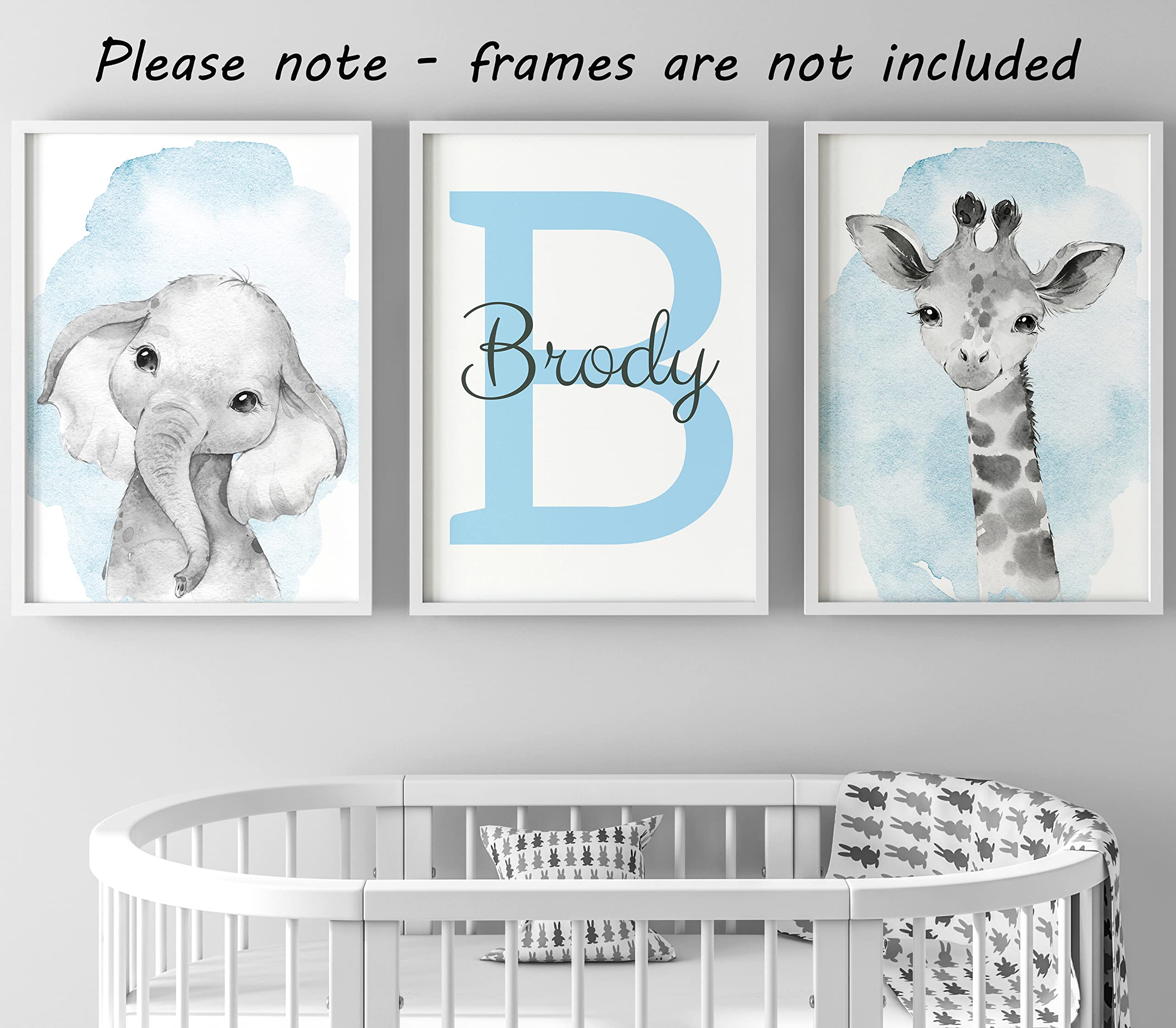 Personalized Safari Animals for Baby Boy Girl Nursery Bedroom  Unframed Set of 3 Poster Prints  Personalized Name Gray Blue Green Yellow Watercolour Splash Wall Art Decor  Gift Present  Elephant Giraffe Lion (12x16)