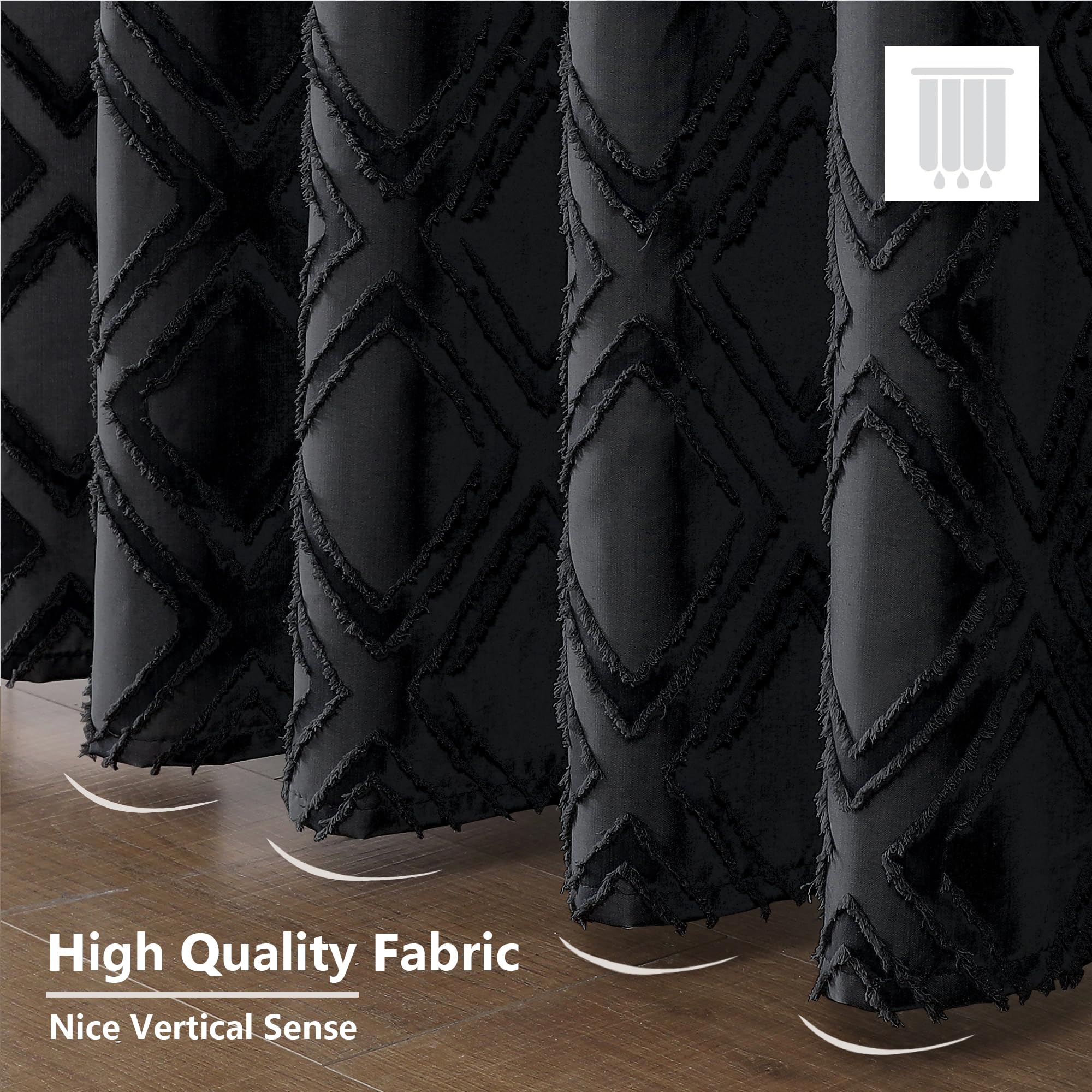 Owenie Black Shower Curtain Set, Jacquard Geometric Textured Fabric Boho Shower Curtains For Bathroom, Soft Hotel Style Farmhous
