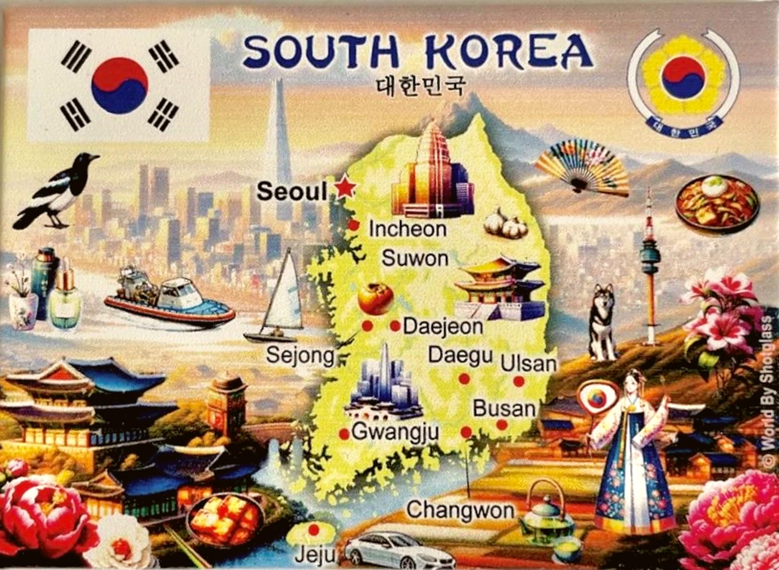 South Korea Graphic Map and Attractions Souvenir Fridge Magnet 2.5 X 3.5