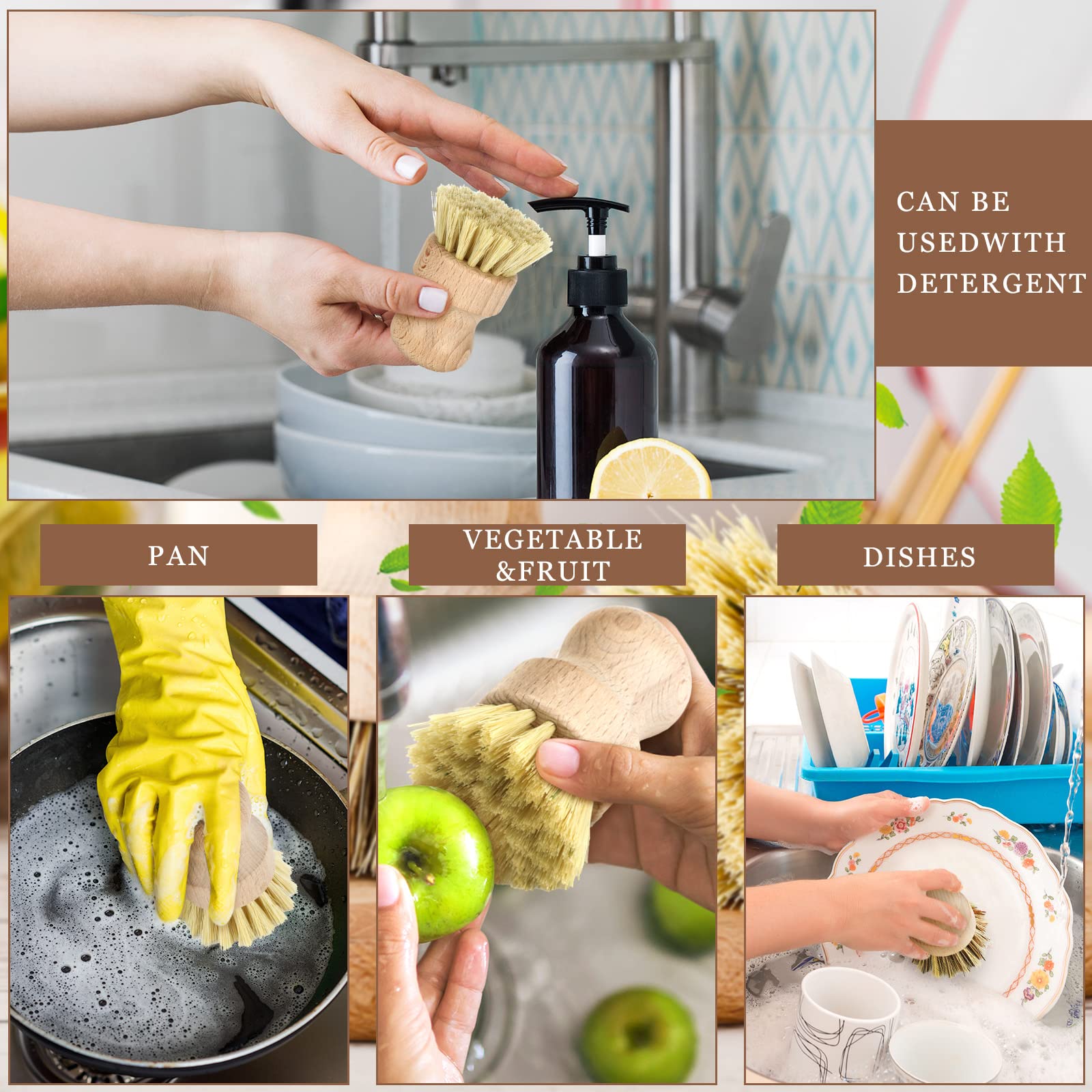 Queekay 12 Pcs Bamboo Dish Brush, Wooden Dish Scrub Brush Wood Dish Scrubber Sisal Bristle Kitchen Brushes For Dishes Cleaning M