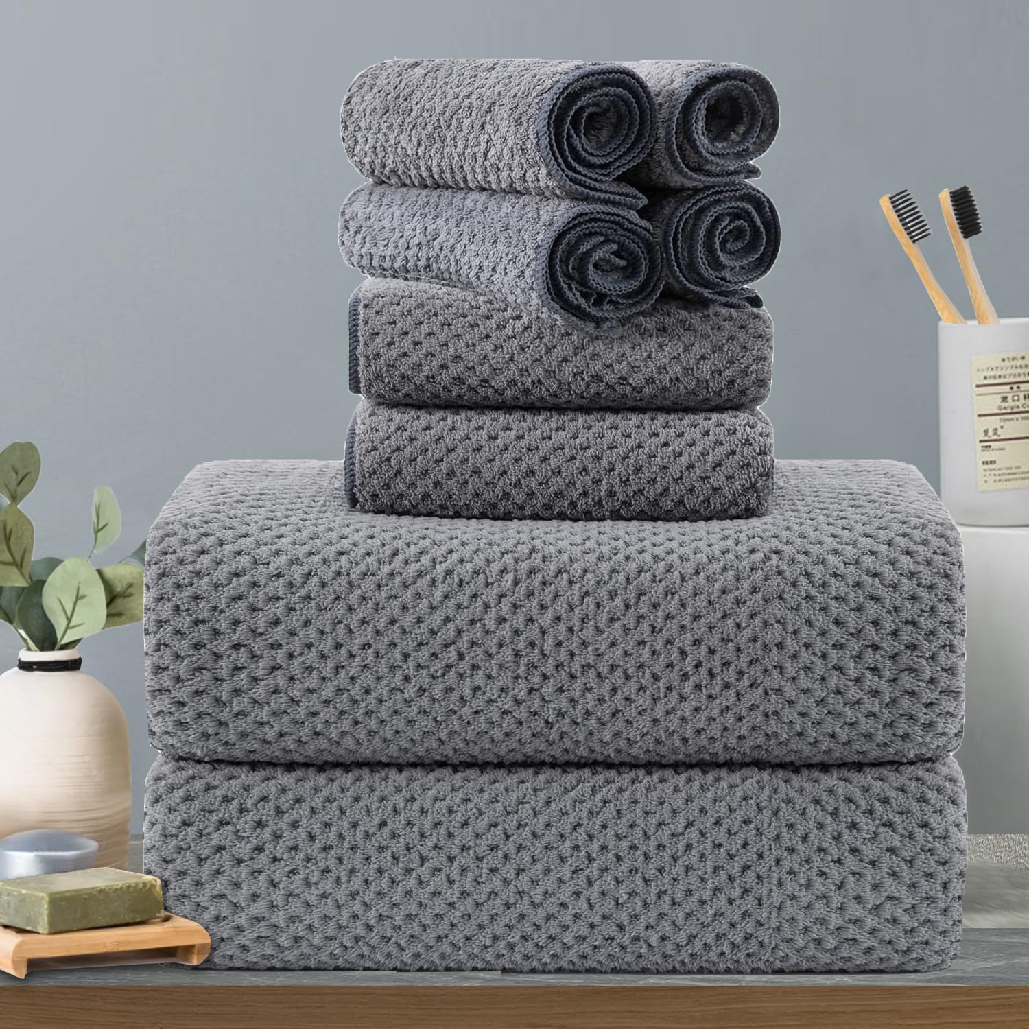 8-Piece Gray Bath Towels Set,2 Oversized Large Bath Towels Sheet,2 Hand Towels And 4 Washcloths - 600 Gsm Soft Luxury Towel Set,