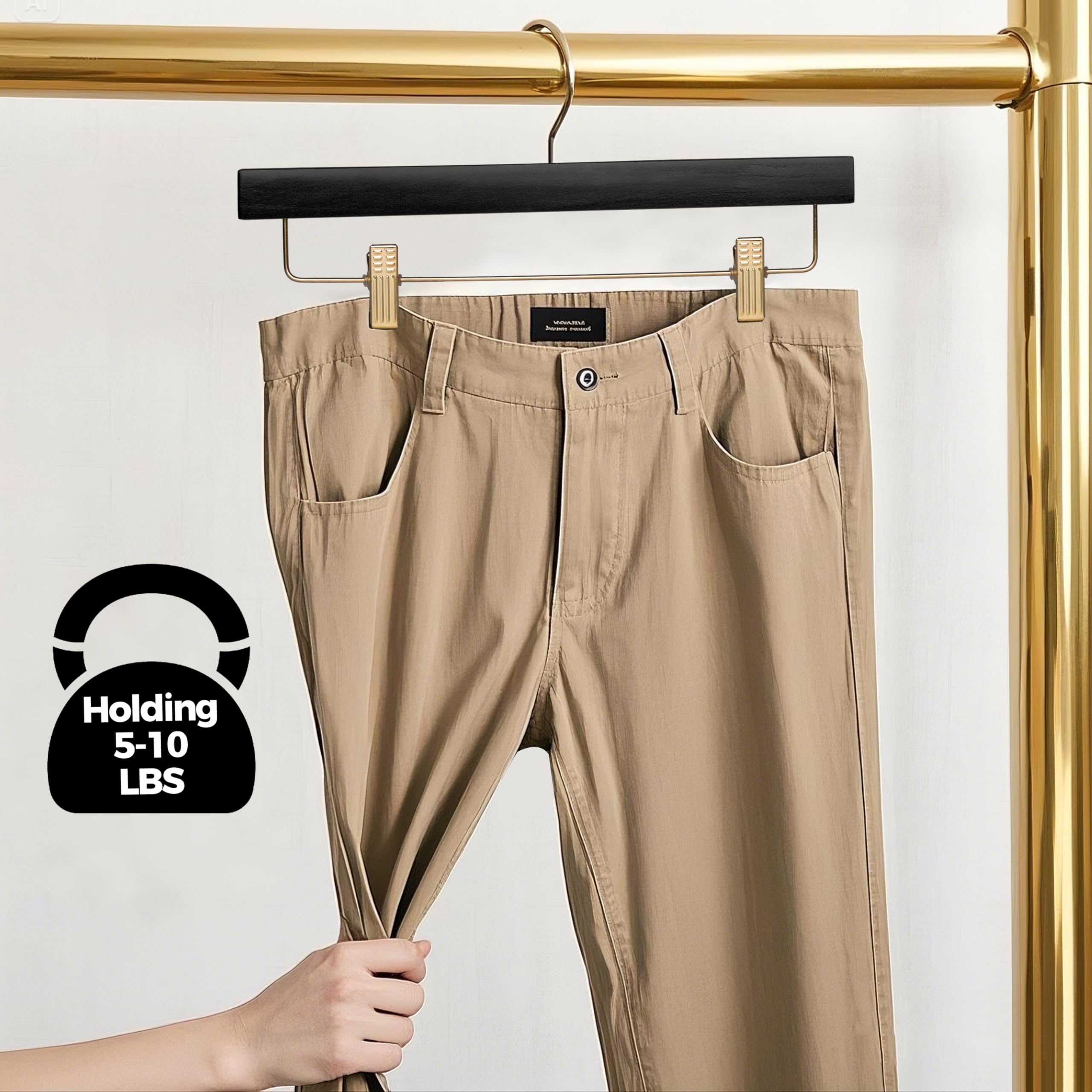 Quality Hangers Black Wooden Pants Hangers - 20-Pack Swivel Hook Cloth Hanger Set - Lotus Wood Skirt  Pant  Shorts and Slack Hangers with Adjustable Clip - Black Clothing Hanger (Gold Hook  20)