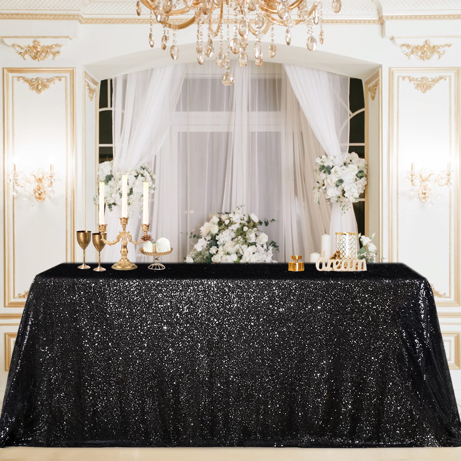 B-COOL Black Sequin Table Overlay 50x50 inch Square Sequin Tablecloth Halloween Sparkle Glitz Tablecloth Popular Sequin Decorati