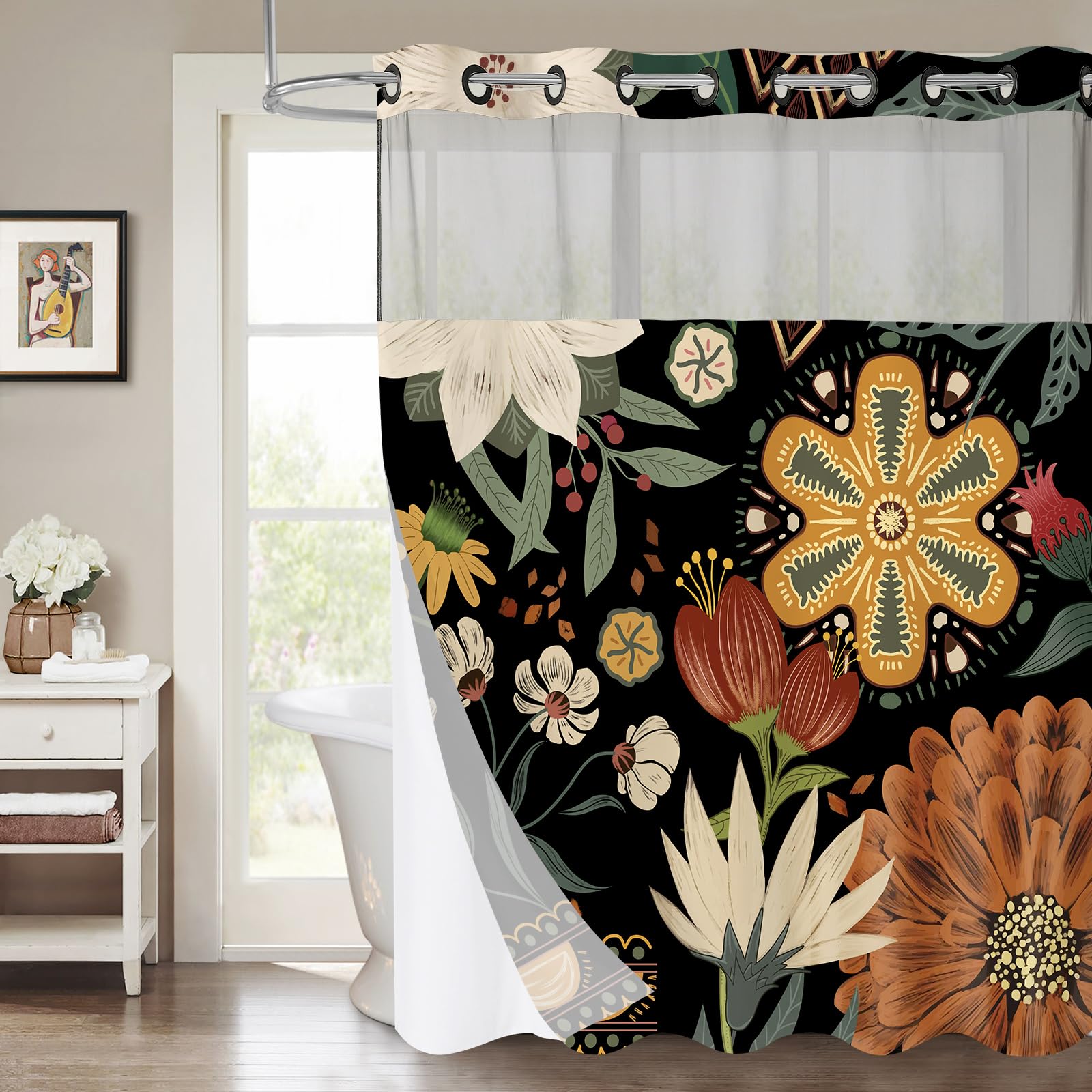 Mitovilla No Hooks Needed Boho Floral Shower Curtain Set With Snap-In Liner, Modern Abstract Heavy Duty Fabric Cloth Shower Curt