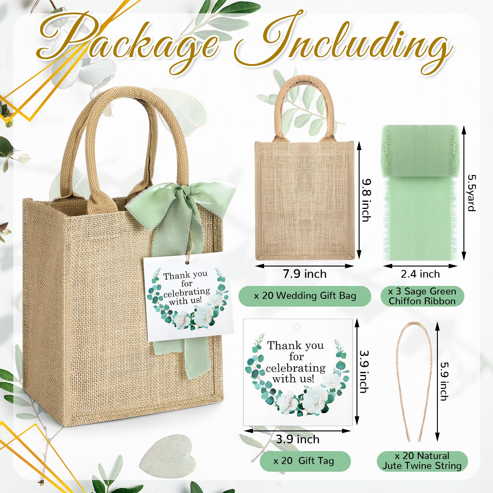 Glicraft 20 Pack Burlap Tote Bags With Handles Reusable Jute Gift Bags Thank You Gift Tags Chiffon Silk Ribbons For Wedding Invi