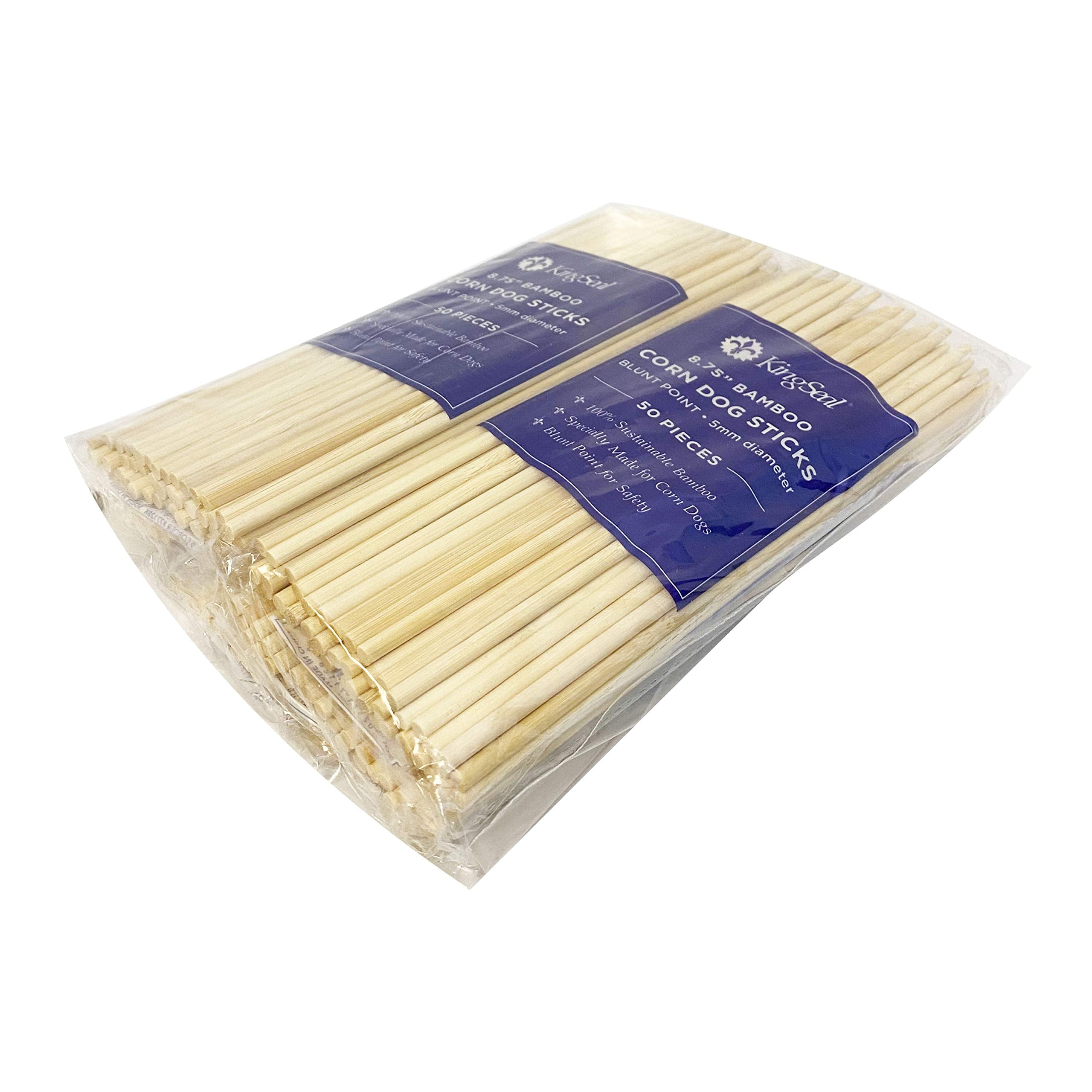 Kingseal Renewable Bamboo Wood Corn Dog Skewers, Sticks, 8.75 Inches X 5 Mm Diameter, Blunt Point For Safety, Retail Pack - 5 Ba