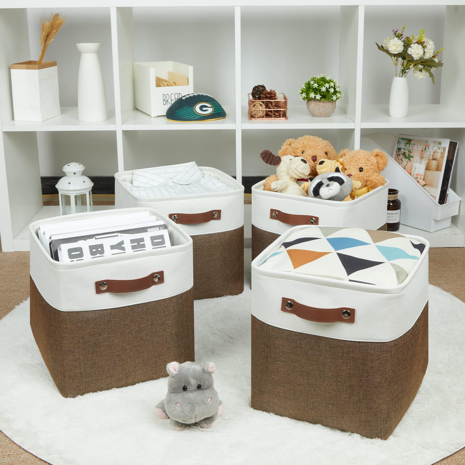 HNZIGE Fabric Baskets Storage Cubes Baskets Set(4 Pack) Large Cube Baskets for Shelves 13x13x13 Storage Cube Bins for Storage with Leather Handles for Home  Toys  Clothes  Kids Room  Closet Storage(White&Beige)