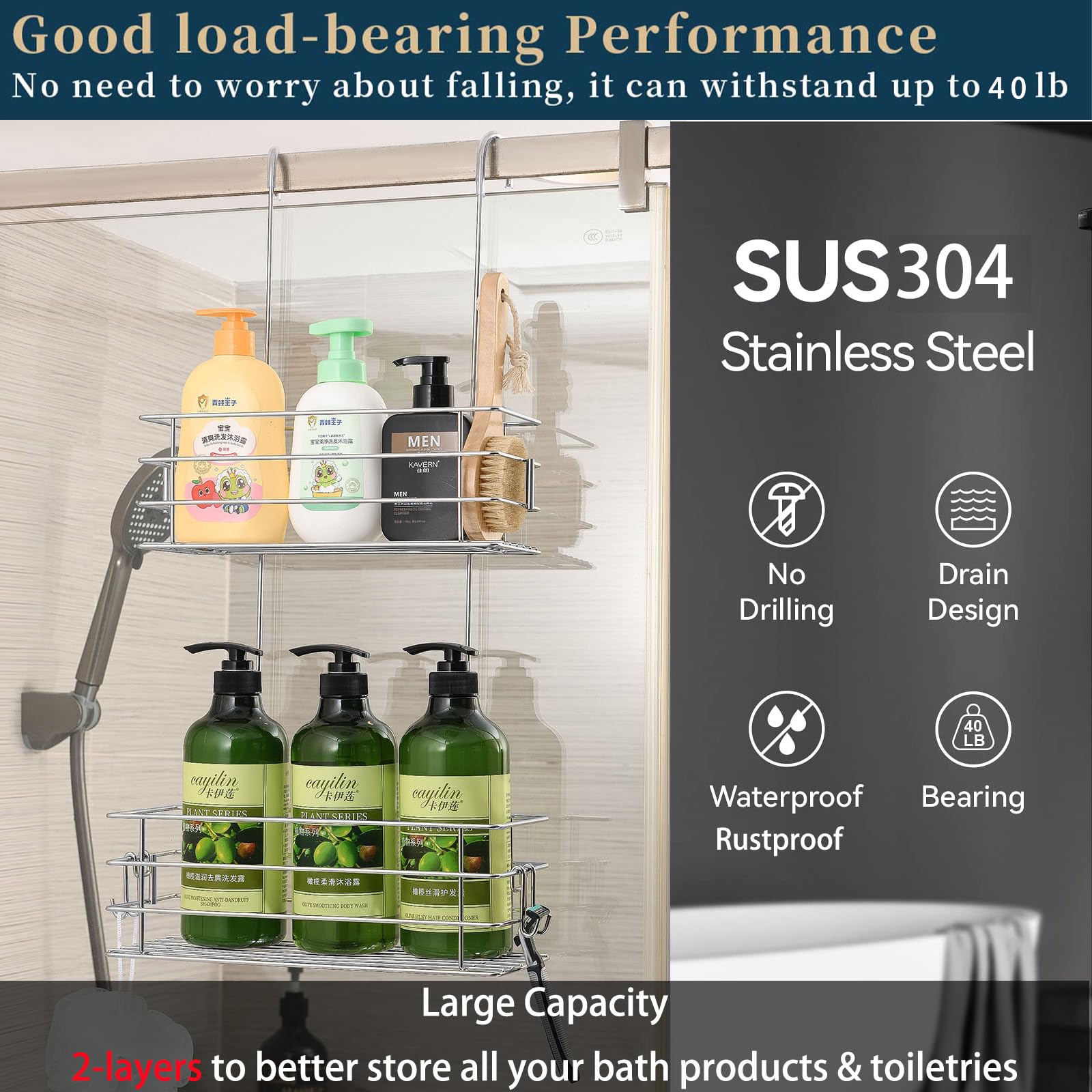 Seltomer Hanging Shower Rack Shower Caddy With Rotatable Hook Bar Over The Door And Can Be Hung On The Faucet Or Claw Foot, 304