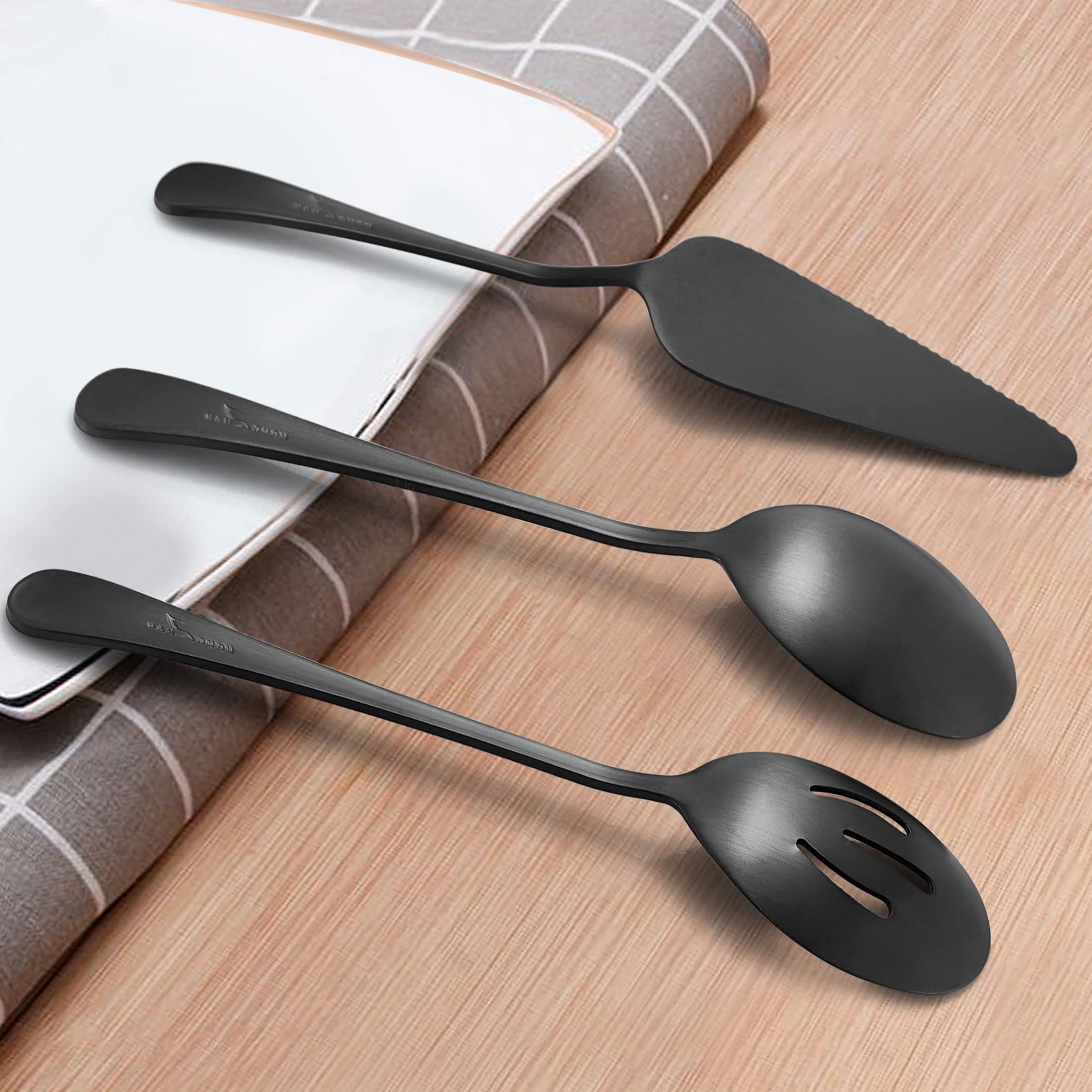 Lianyu 5-Piece Matte Black Serving Utensils Set, Stainless Steel Serving Set Include Serving Spoon Fork, Flatware Serving Pieces