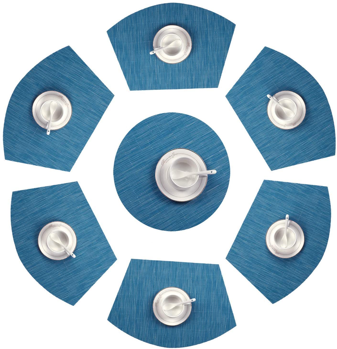 SHACOS Round Table Placemats Set of 7 Woven Vinyl Wedge Placemats with Centerpiece Heat Resistant Table Mats Wipe Clean (7, Teal