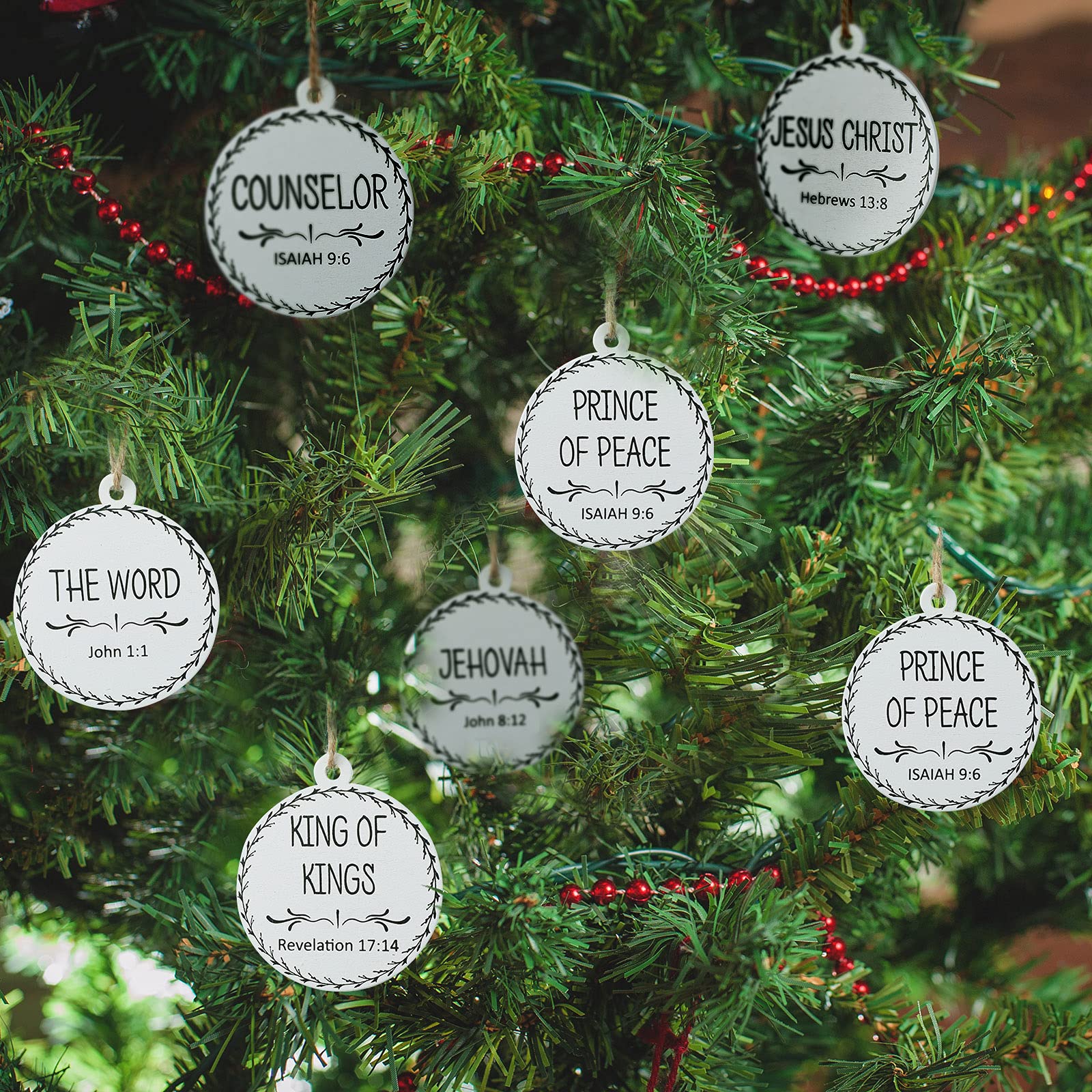 Jetec 24 Pieces Names of Jesus Christ Ornaments Christmas Ornament Nativity Set Nativity Round Wood Decoration Xmas Savior Name