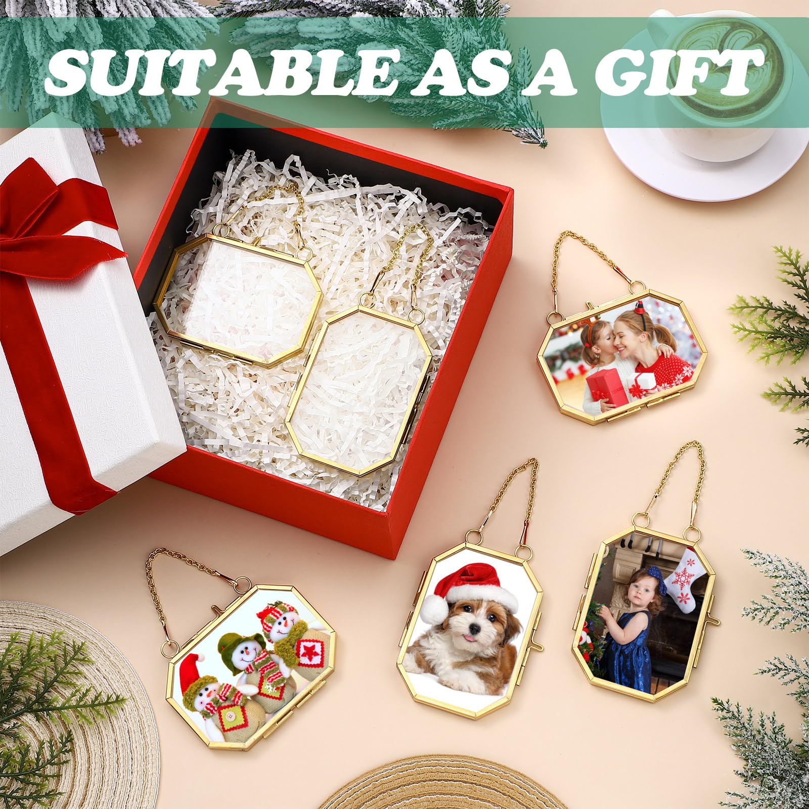 Qunclay 6 Pcs 2.5x3.5    3.5x2.5    Christmas Brass Picture Frame Ornaments Xmas Metal Double Glass Hanging Photo Frame with Met