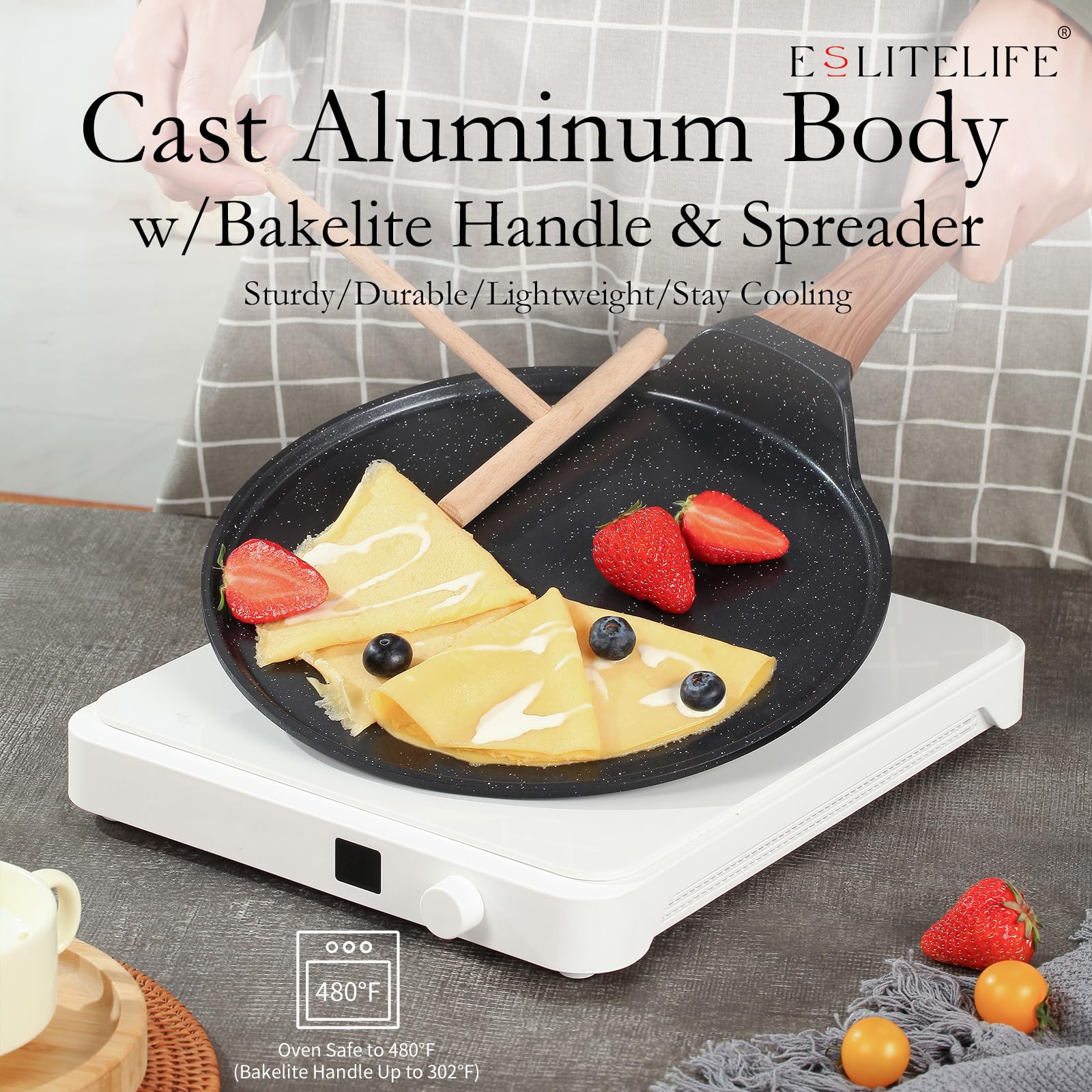 Eslite Life 11 Inch Crepe Pan With Spreader, Nonstick Ceramic Flat Skillet Dosa Tawa Comales Para Tortillas Pancake Pan, Ptfe &