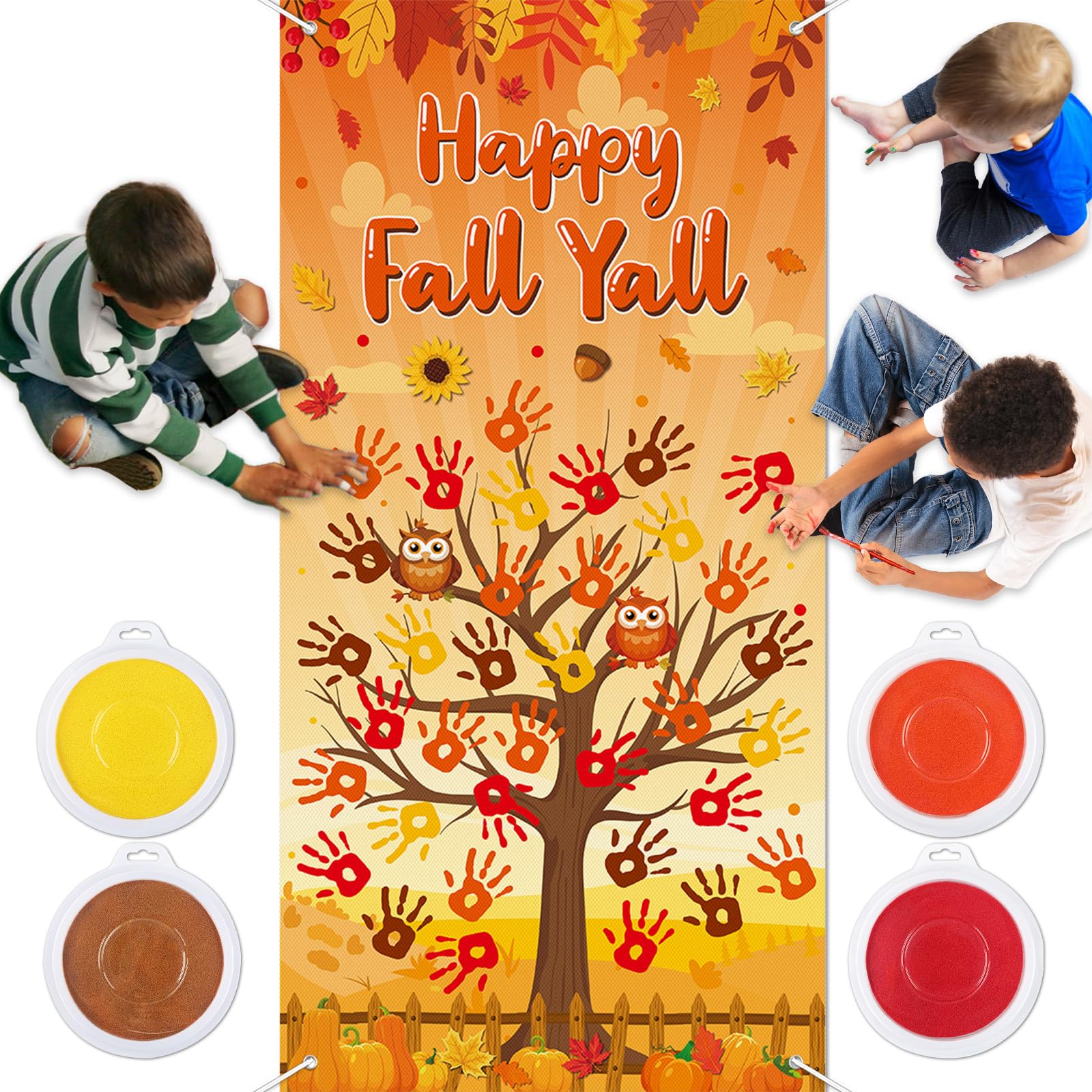 71 x 35 Inch Happy Fall Yall Door Cover Thanksgiving Tree Backdrop DIY Autumn Colorful Handprint Craft Bulletin Board with 4 PC