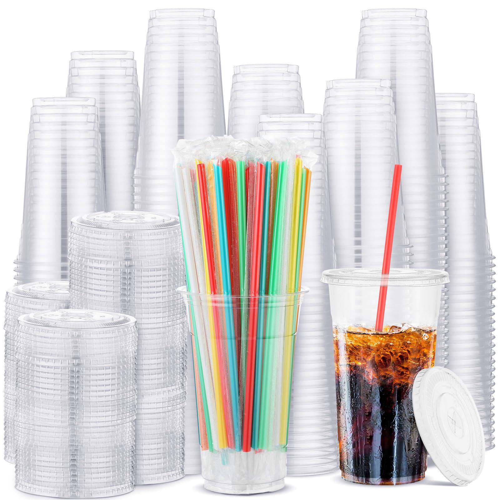 Hushee 500 Sets Clear Plastic Cups with Lids and Straws, Multicolor, 32 oz