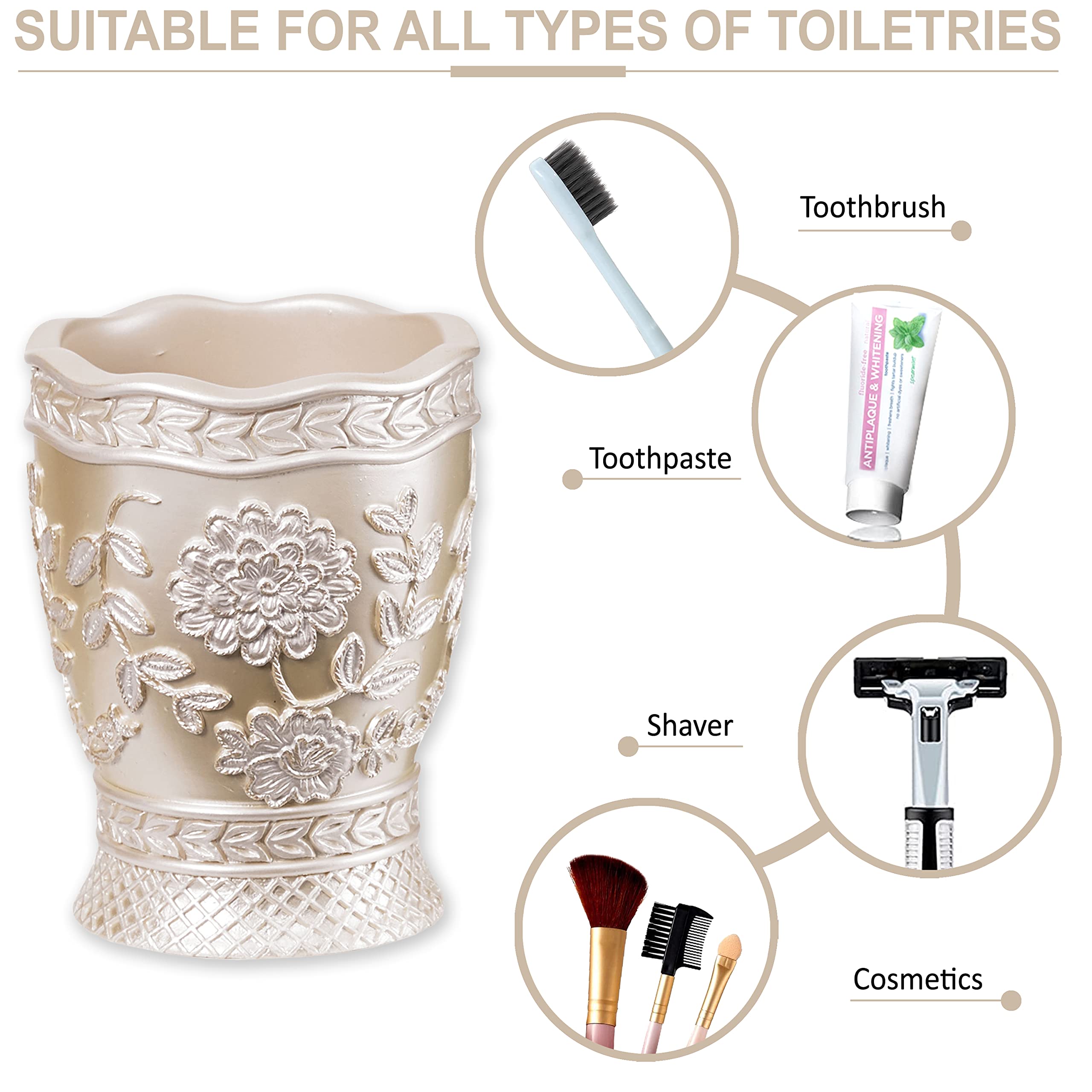 Zahari Home 4pc Rose Vine Bathroom Accessories Sets Lotion Pump  Tumbler  Tooth Brush Holder and Soap Dish Unique Design Beige Bathroom Set