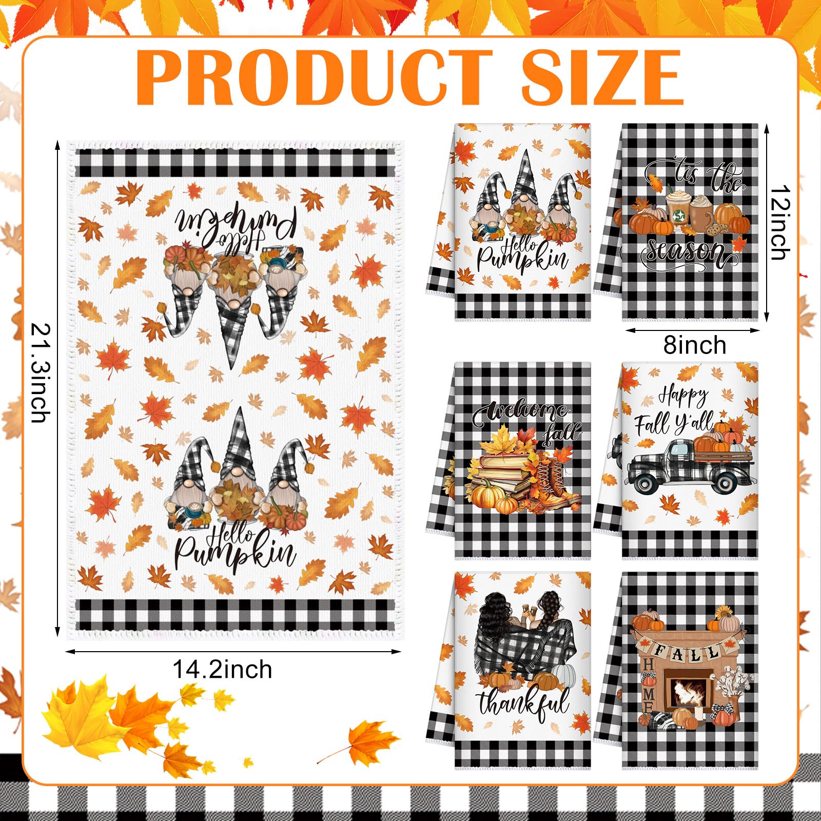 Windkream 6 Pieces Fall Thanksgiving Kitchen Towels Pumpkin Gnome Dish Towels Autumn Bathroom Hand Towels 21.26 x 14.17 Inch Buf