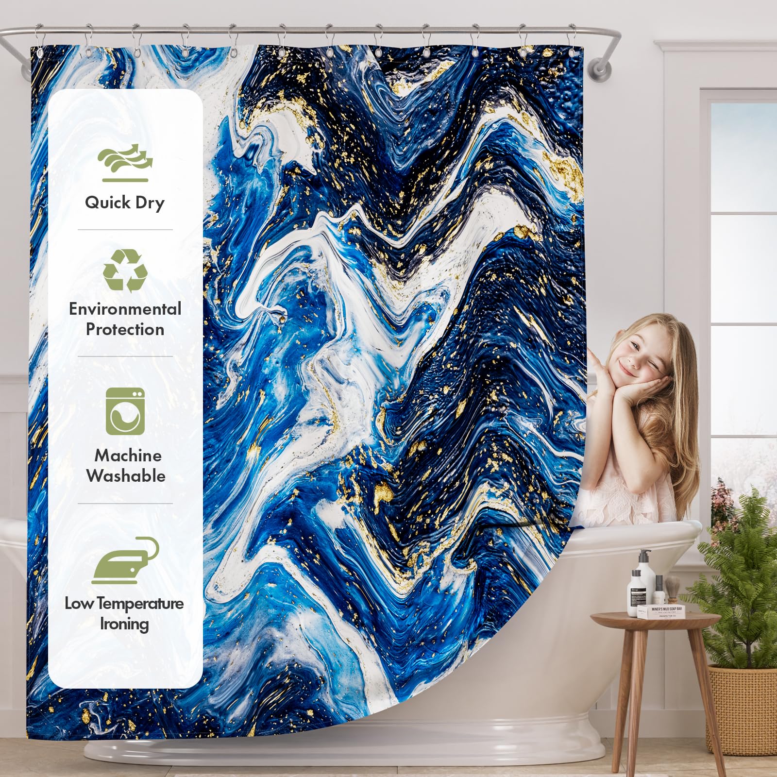 AmazerBath Shower Curtain Blue  Marble Fall Fabric Shower Curtain Sets with 12 Shower Curtain Hooks  Luxury Quality Home Hotel Washable Farmhouse Cloth Shower Curtains for Bathroom Decor  72x72 Inches