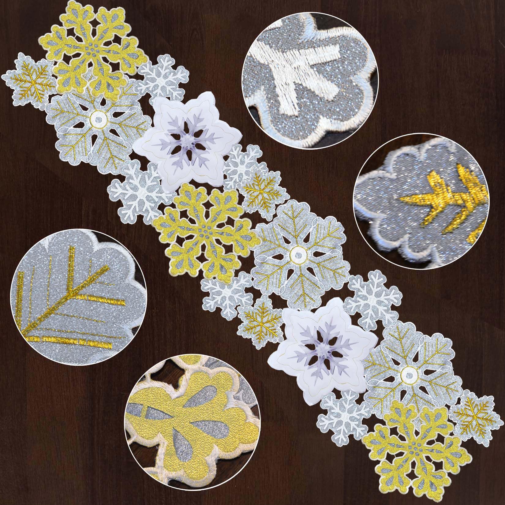 Grelucgo Machine Embroidered And Hand Cut Silver And Gold Winter Snowflakes Table Runner For Christmas Holiday (14 X 69 Inches)