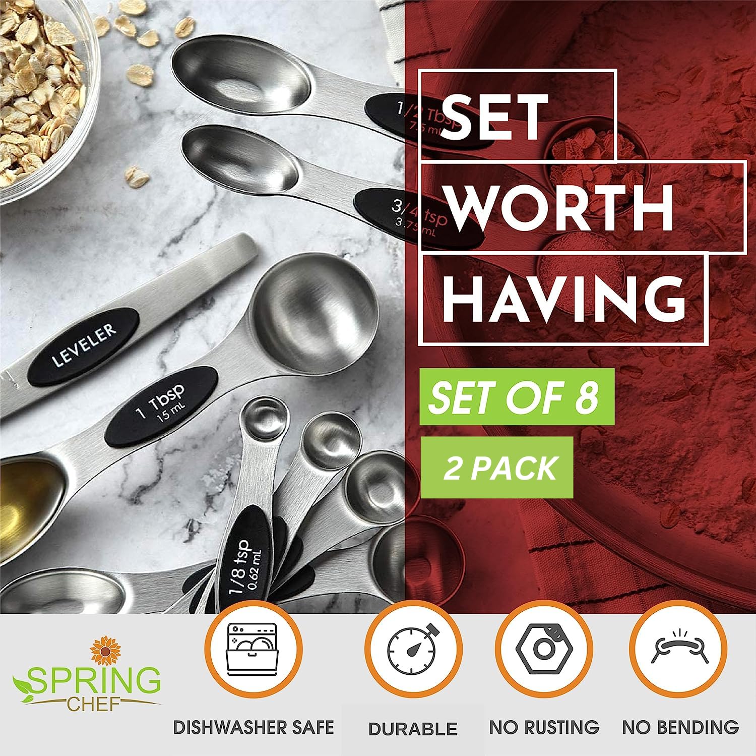 Spring Chef Magnetic Measuring Spoons Set, Dual Sided, Stainless Steel, Fits In Spice Jars, Black, Set Of 8, 2 Pack