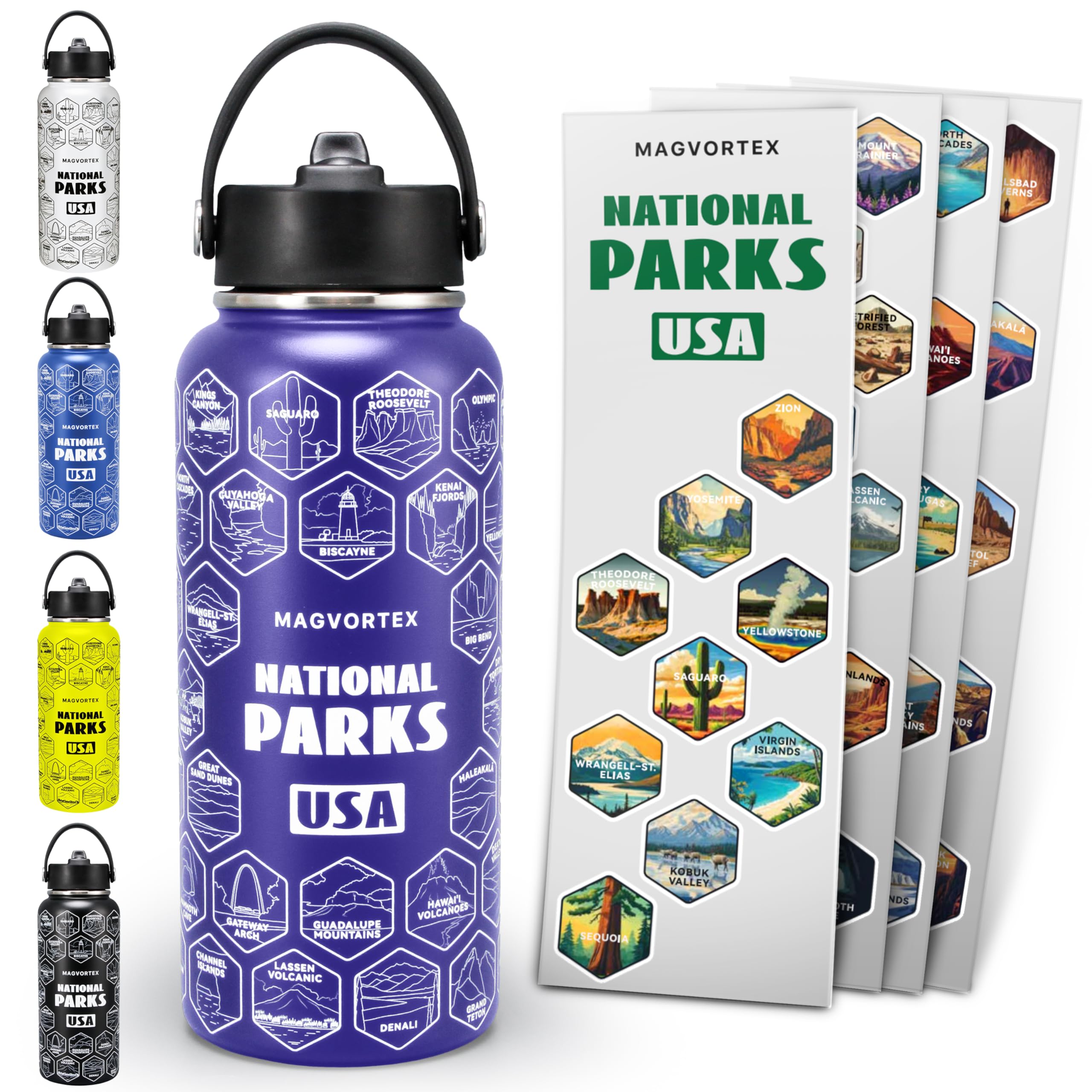 MAGVORTEX National Parks Purple Water Bottle with Durable Stickers - 32oz Insulated Stainless Steel Water Bottle with Spout - In
