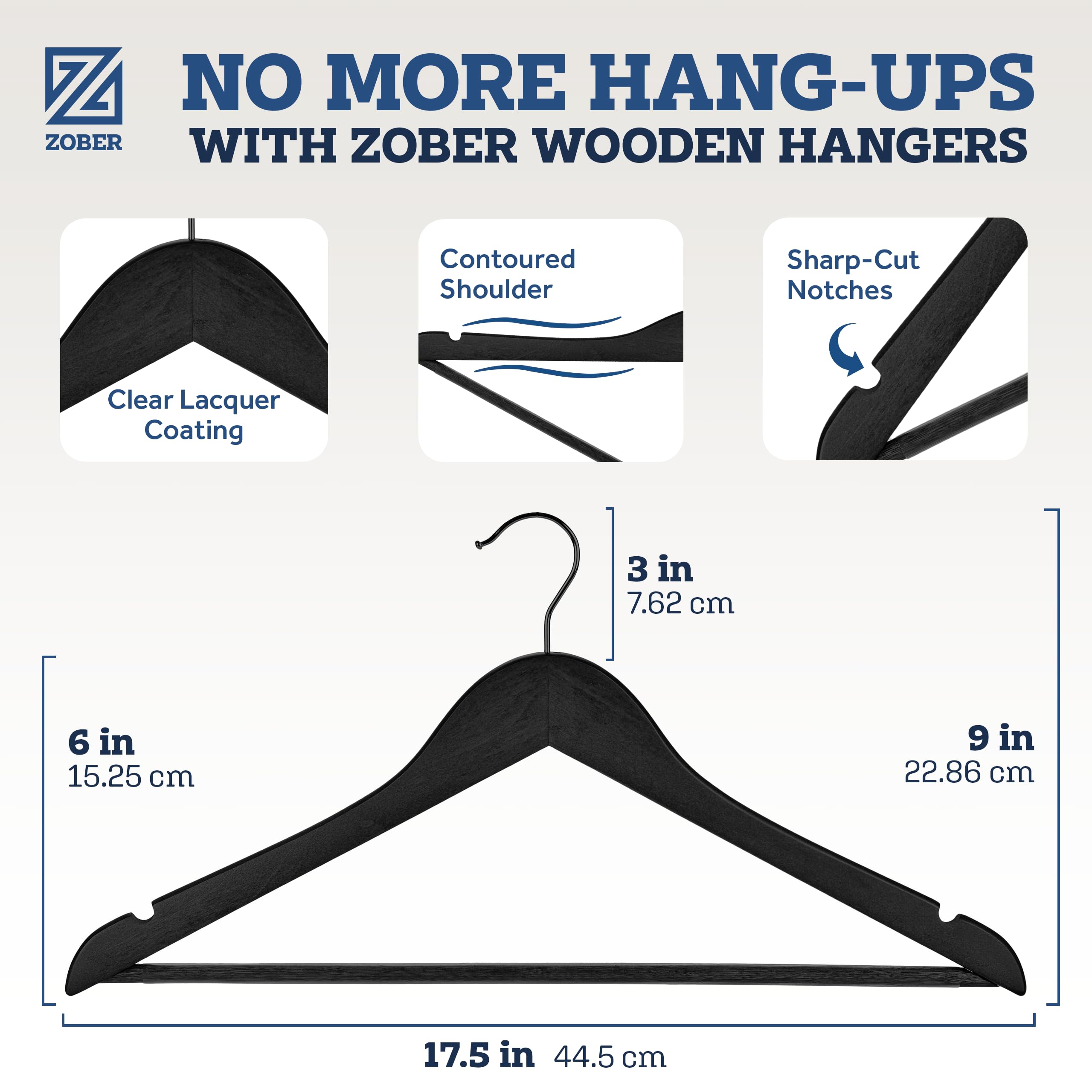 Zober Black Wooden Hangers - 20 Pack, Heavy Duty, Non Slip Wood Hangers for Coats, Jackets, Suits, & Pants - Coat Hangers for Cl