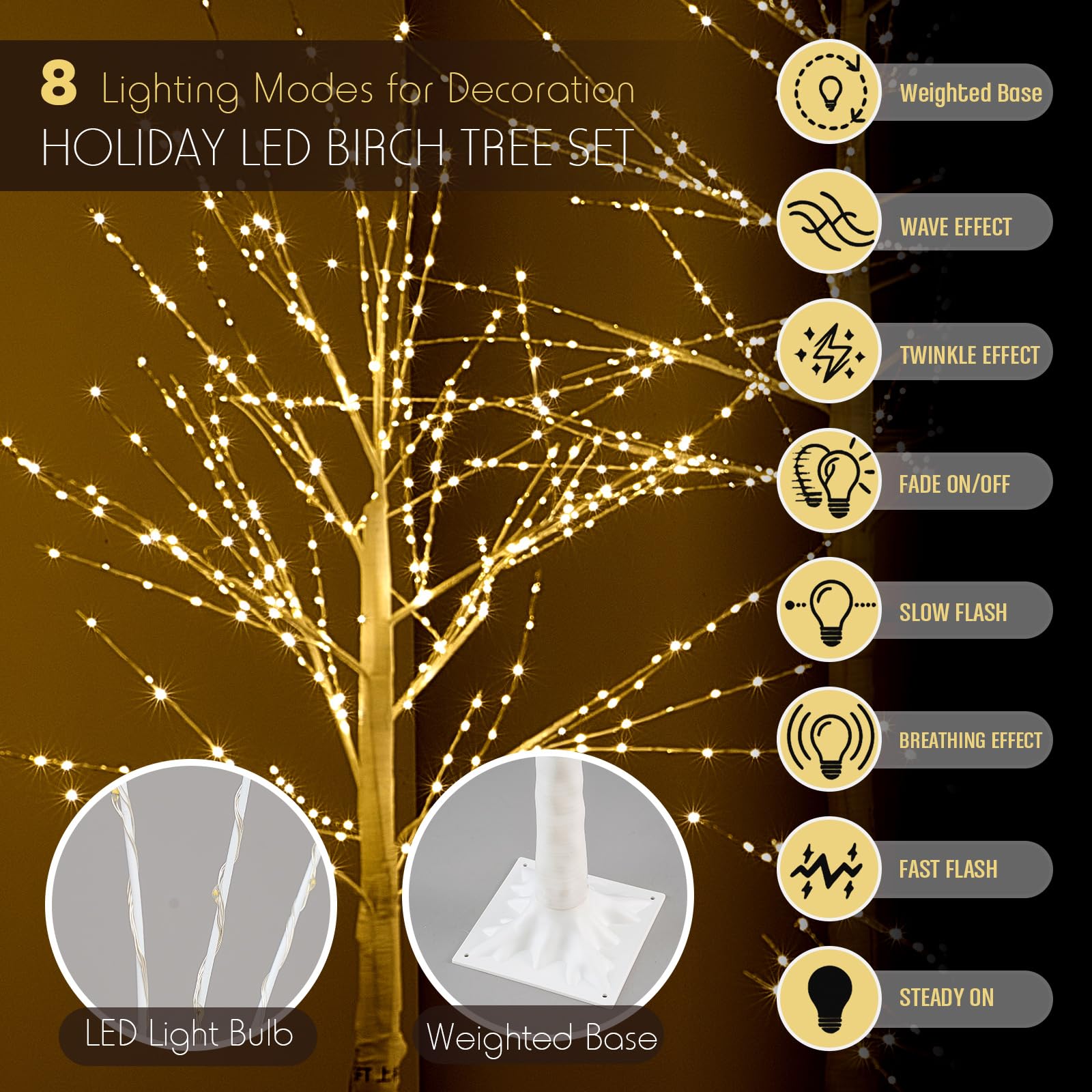 Baquler 6 Pack Lighted Birch Tree - 4 5 6 7 8 Large Christmas Warm-White LED 8 Mode Light Birch Tree Decoration Set for Tha