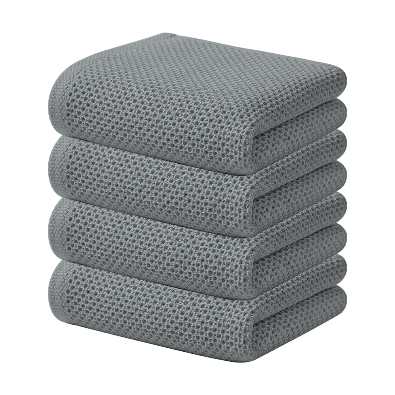 Kitinjoy 100% Cotton Waffle Weave Kitchen Towels (13 X 28 Inches, Grey), 4-Pack Super Soft and Absorbent Dish Towel for Drying D