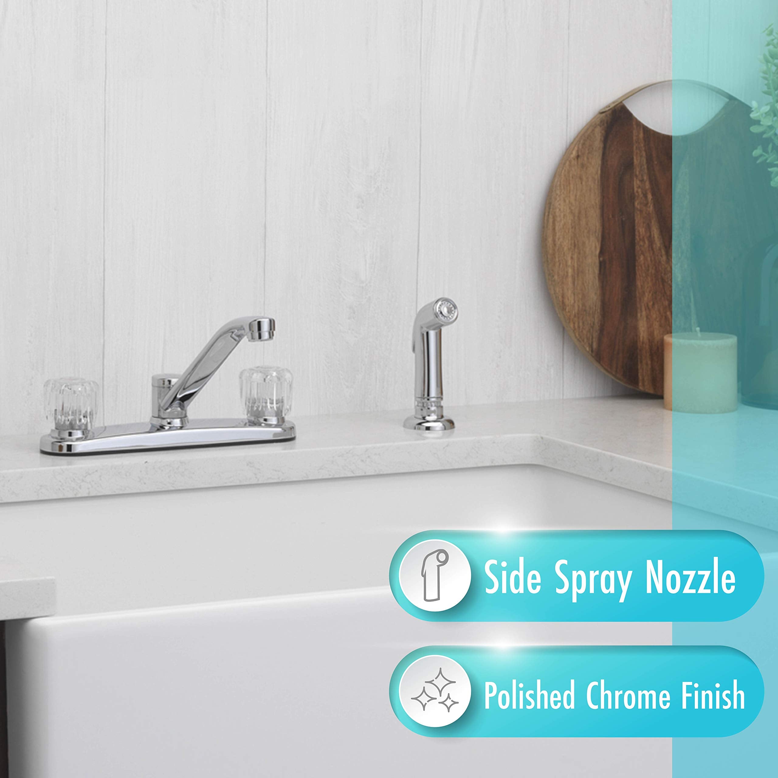 Aqua Vista 26-K82CS-CH-AV Two Handle Kitchen Sink Faucet with Side Spray  Polished Chrome Round Knobs