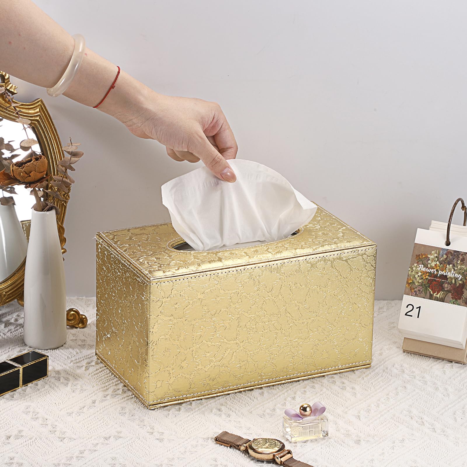 Sumnacon Tissue Box Cover Rectangle Leather Tissue Box With Magnetic Bottom,Pu Cube Tissue Box Holder Decorative Gold Tissue Cov