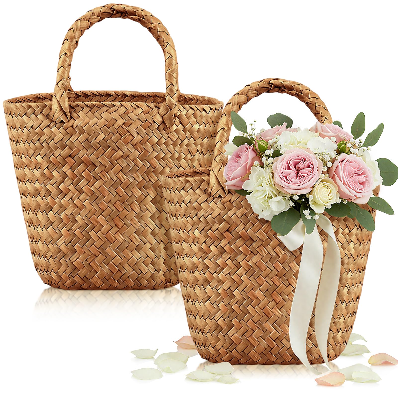 LemonRoad 2 Pcs Flower Girl Basket for Wedding Small Rustic Seagrass Basket