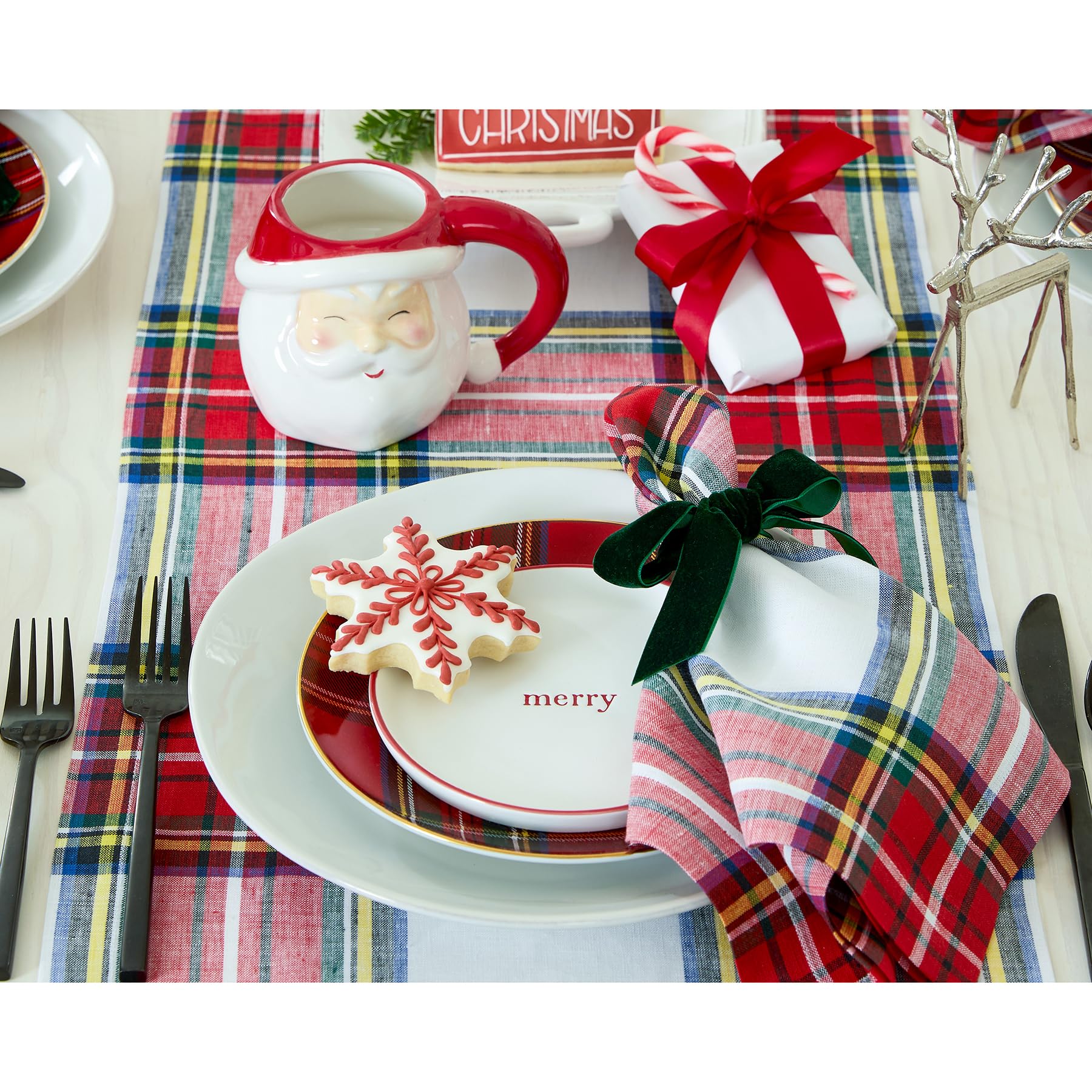 Solino Home Linen White Dinner Napkins Set Of 4-100% Pure Linen Stewart Plaid Napkins 20 X 20 Inch - Handcrafted And Machine Was